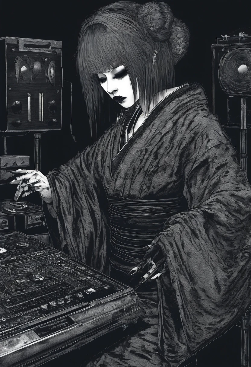 dark broody traditional japanese emo female geisha dj djing skinhead, hairgoth, emo goth spikey fashion viynl mixing decks