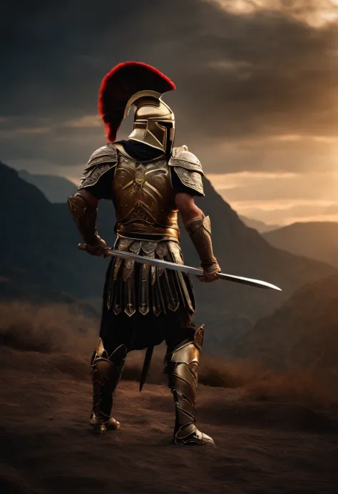 spartan warrior, fighting , stunning armor, black gold armor, epic, 8k