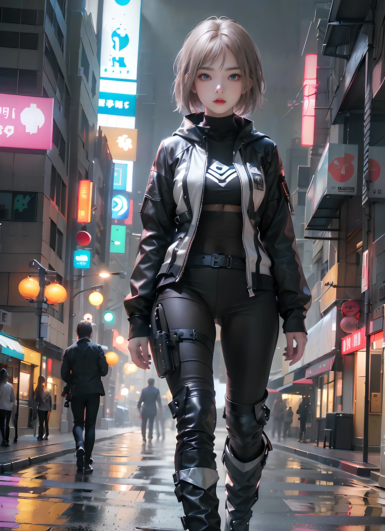 ((top-quality)), (((​masterpiece)), (detaileds: 1.4), 3D, Beautiful Cyberpunk Woman Image, bob cuts, Broken black tights, leather clothes, Electromechanical, nffsw(HighDynamicRange), Ray traching, NVIDIA RTX, Hyper-Resolution, Unreal 5, Sub-surface scattering, PBR Texture, Postprocess, Anisotropy Filtering, depth of fields, Maximum sharpness and acutance, Multilayer Texture, Albedo and Highlight Maps, Surface Coloring, Accurate simulation of light-material interactions, perfectly proportions、octane renderings、two tone lighting、Large aperture、Low ISO、White Balance、thirds rule、8K Raw、​masterpiece、top-quality、(8k extremely detailed CG unit wallpaper)(top-quality)、(The best illustrations)、(Best Shadows), innocent blue eyes, body swimsuit, poni hair