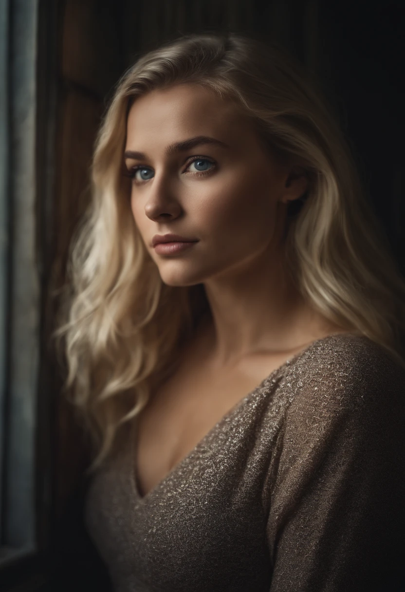 A woman with long blonde hair looking out a window - SeaArt AI