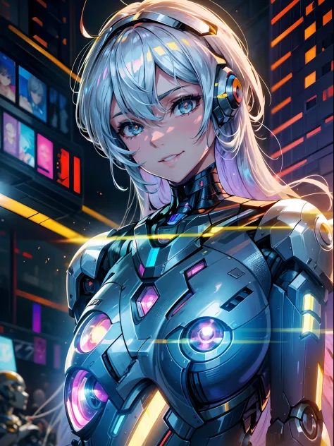There is a woman in a robot suit posing next to an ancient building, Beautiful Caucasian adult female half cyborg, Cute cyborg a...