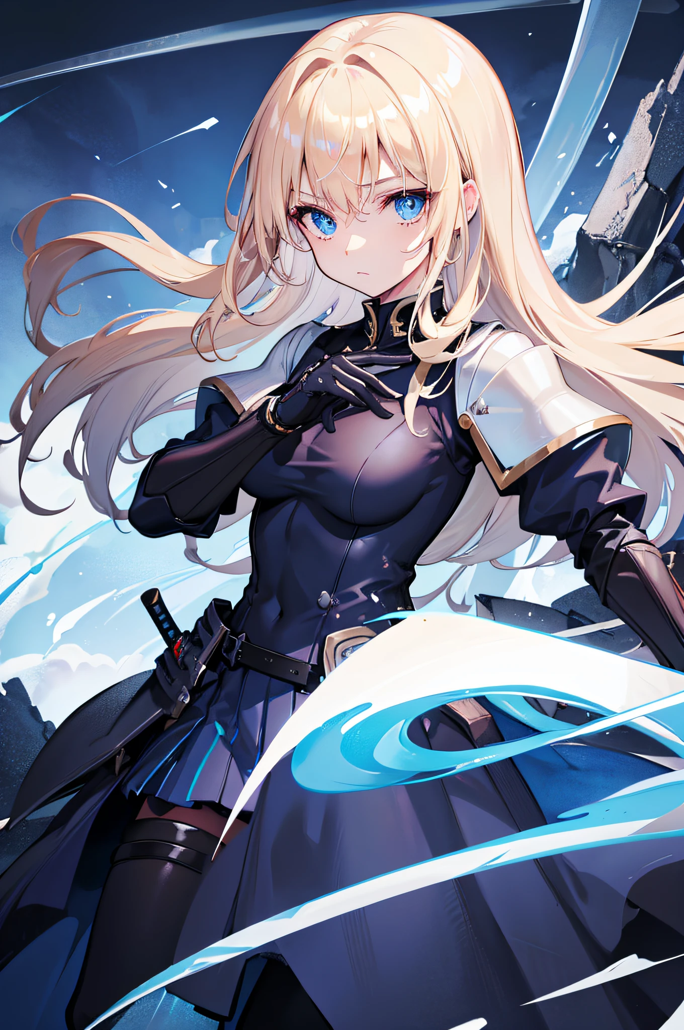 4K,hight resolution,One Woman,a blond,Light blue eyes,swordsmen,Navy blue military dress,Dark blue heavy armor,long gloves of black color,Longsword