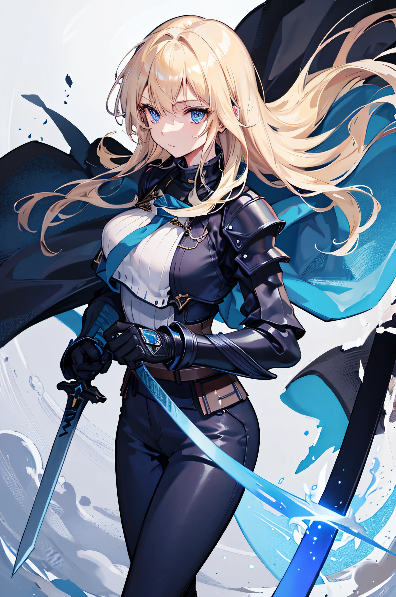 4K,hight resolution,One Woman,a blond,Light blue eyes,swordsmen,Navy blue military dress,Dark blue heavy armor,Dark blue military pants,long gloves of black color,Longsword