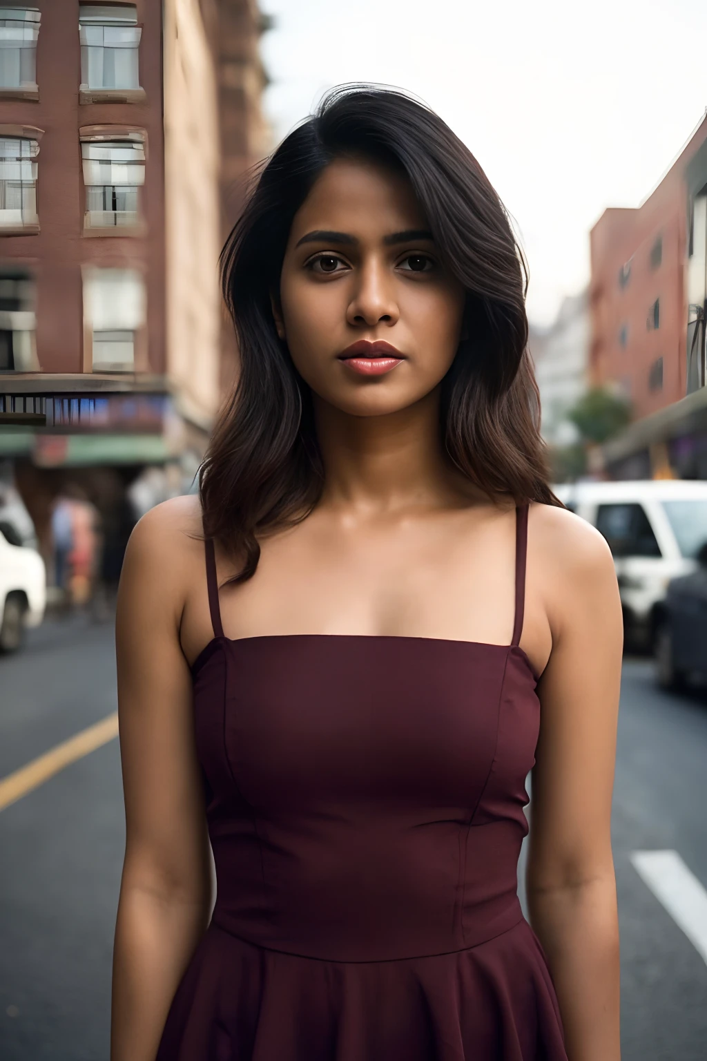 (full body, editorial photograph of a young dusky Indian woman), photographed in a busy street, (highly detailed face:1.4) (smile:0.7) (background Busy indian street , moody, private study:1.3) POV, by lee jeffries, nikon d850, film stock photograph ,4 kodak portra 400 ,camera f1.6 lens ,rich colors ,hyper realistic ,lifelike texture, dramatic lighting , cinestill 800, realistic, wearing maroon Square-Neck Peplum Top, actress, karla ortiz, posing!!, candid picture, by Max Dauthendey, medium body, black hair, tied hair, medium hair length  realistic skin texture, brown skin