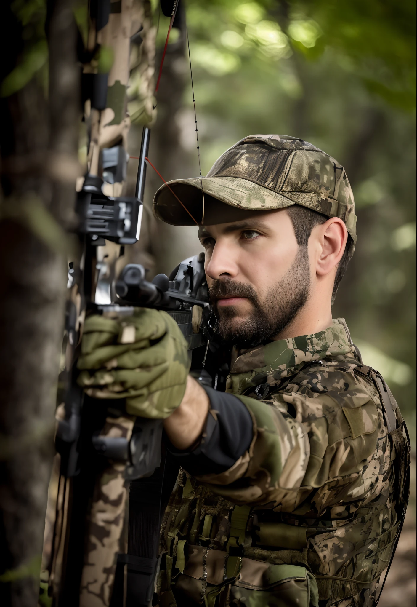 arafed man holding a bow and aiming a bow in a wooded area, pointing his bow, aiming a bow and arrow, holding a crossbow, focused shot, profile shot, profile picture, head shot, holding a bow, holding bow and arrow, aiming, close-up shoot, well focused, with hand crossbow, wielding a bow, portrait shot, canadian male, knee pads, male focus, military, military uniform, pouch, reddish-brown hair, beard, solo, standing, assault vest, jungle background, gritty war-torn atmosphere, black ops, depth of field, dark blue eyes, tactical gloves