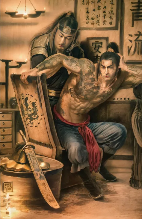 ((unreal engine 5)), realistic rendering, excellent, (almost naked), (shirtless tattoos), a shirtless tattooed warrior，sit on ch...