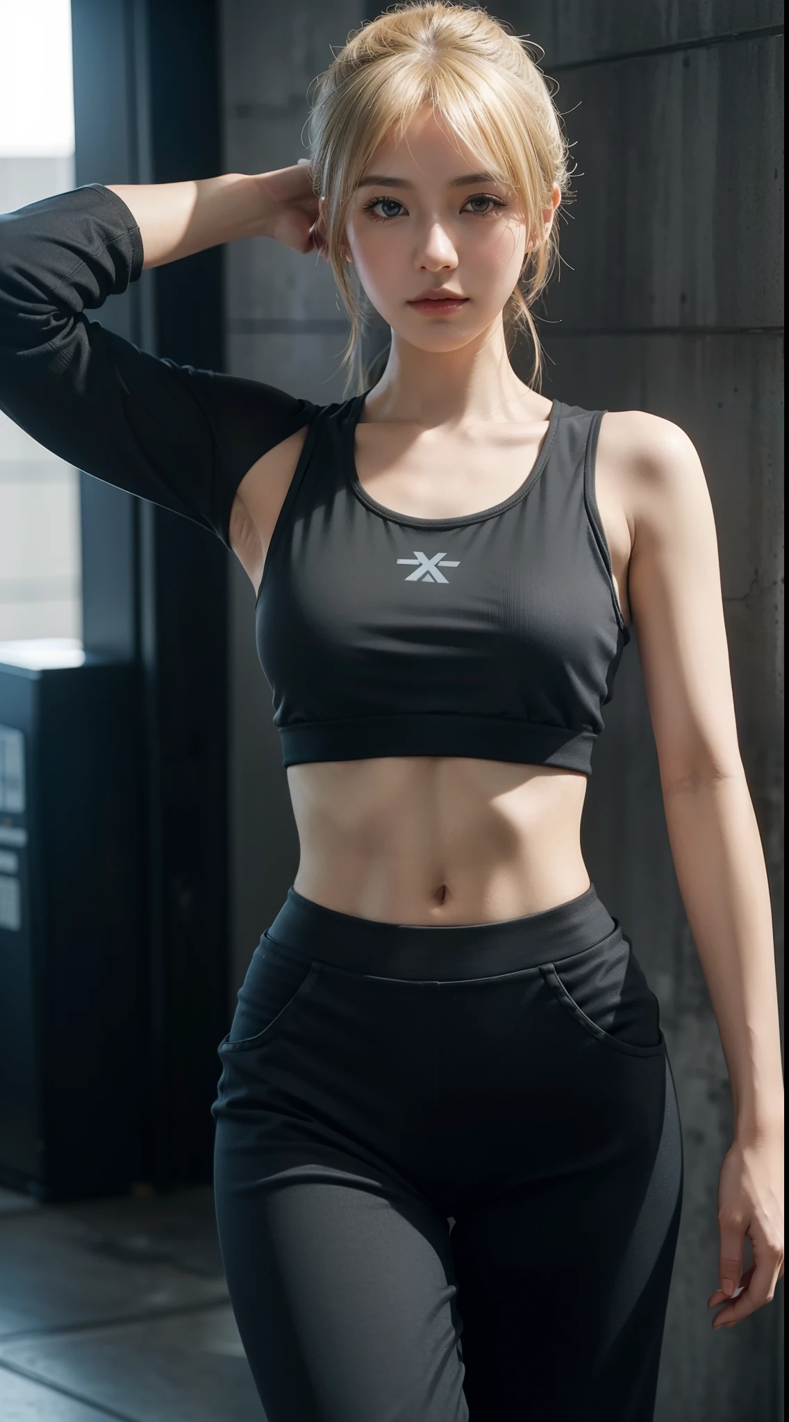 A close up of a woman in a black sports bra top - SeaArt AI