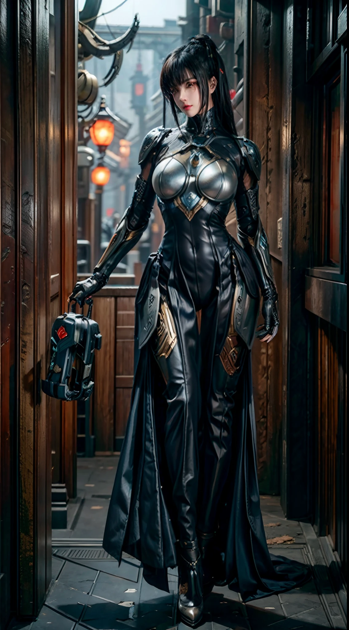 Wear mechanical clothing, Mechanical Wonder, Cyberpunk, cybernetic guardians, futuristic armor, full bodyesbian, front poses, symetry, Intricate (Steel metal [Rust]), Joints, warframe style, Cyborg, Female body and armor, Chainsaw man