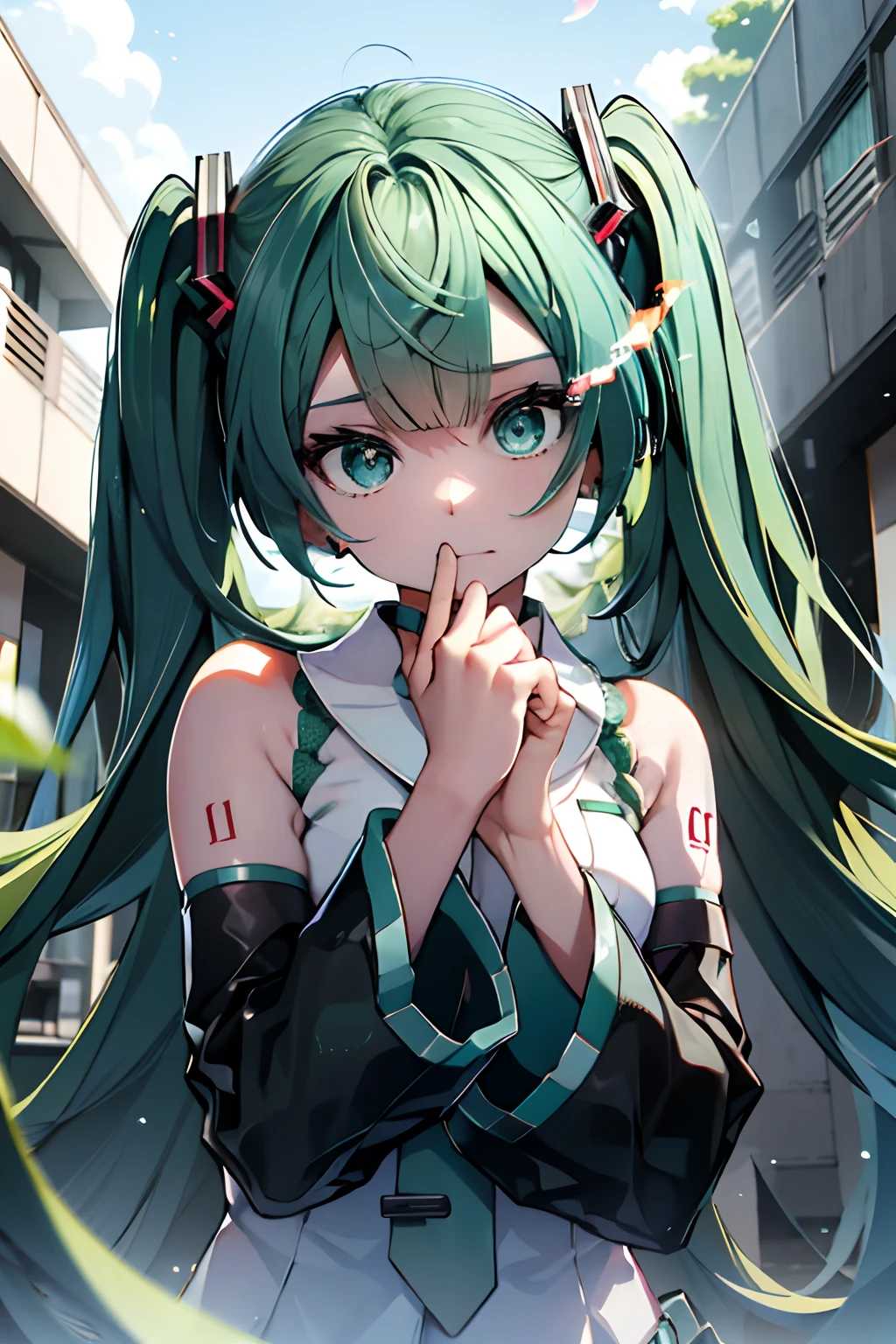 morning、miku hatsune、miku hatsune、Green hair、Blunt bangs、Photorealsitic, hight resolution, 1 rapariga, Korea person,Flame from the eyes、🔥