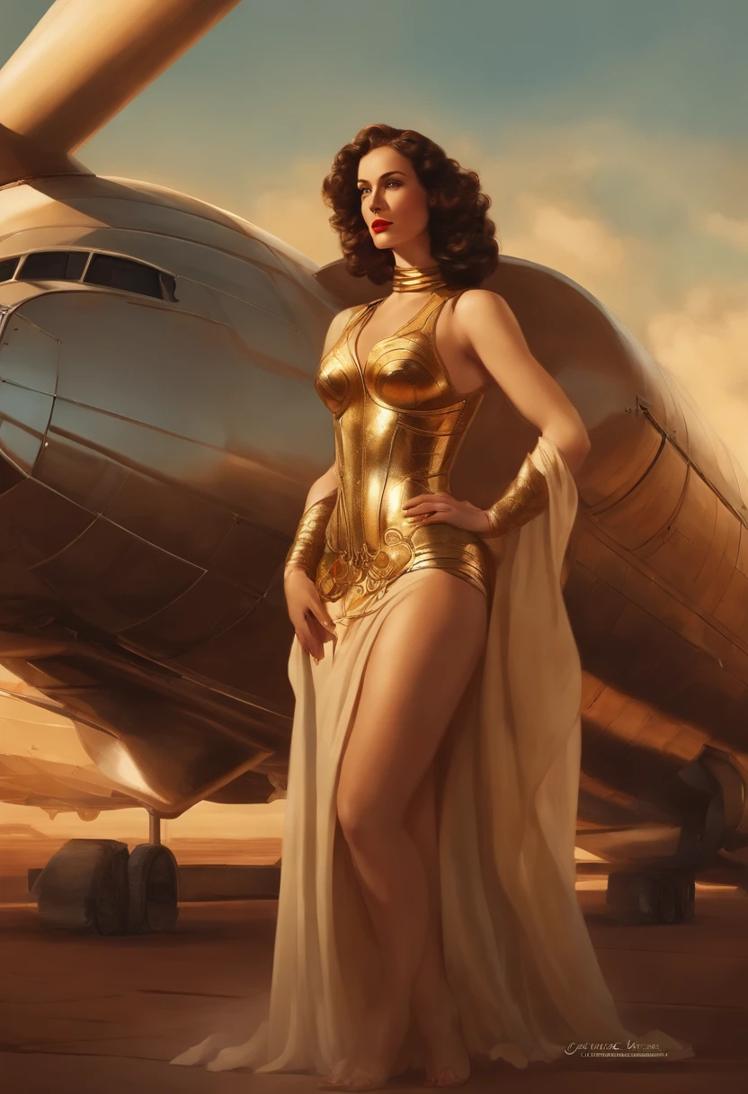 A woman in a gold dress standing in front of an airplane - SeaArt AI