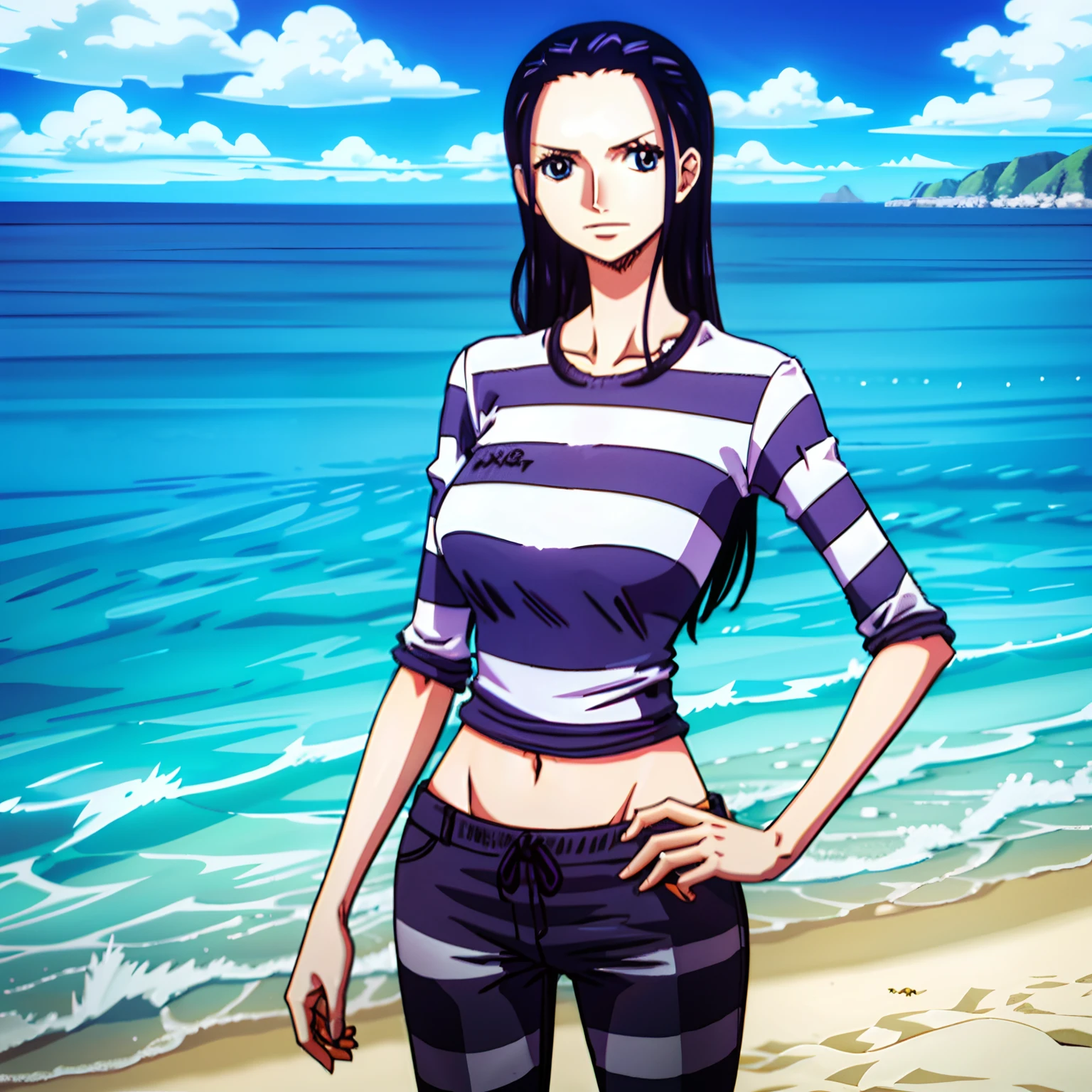 1girl, (shapely body), (solo), 30 years old,  hdr, beach, nico robin, priclothes, striped clothes, prisoner, clothes, clothing, outfit, pants, long sleeves, half naked
