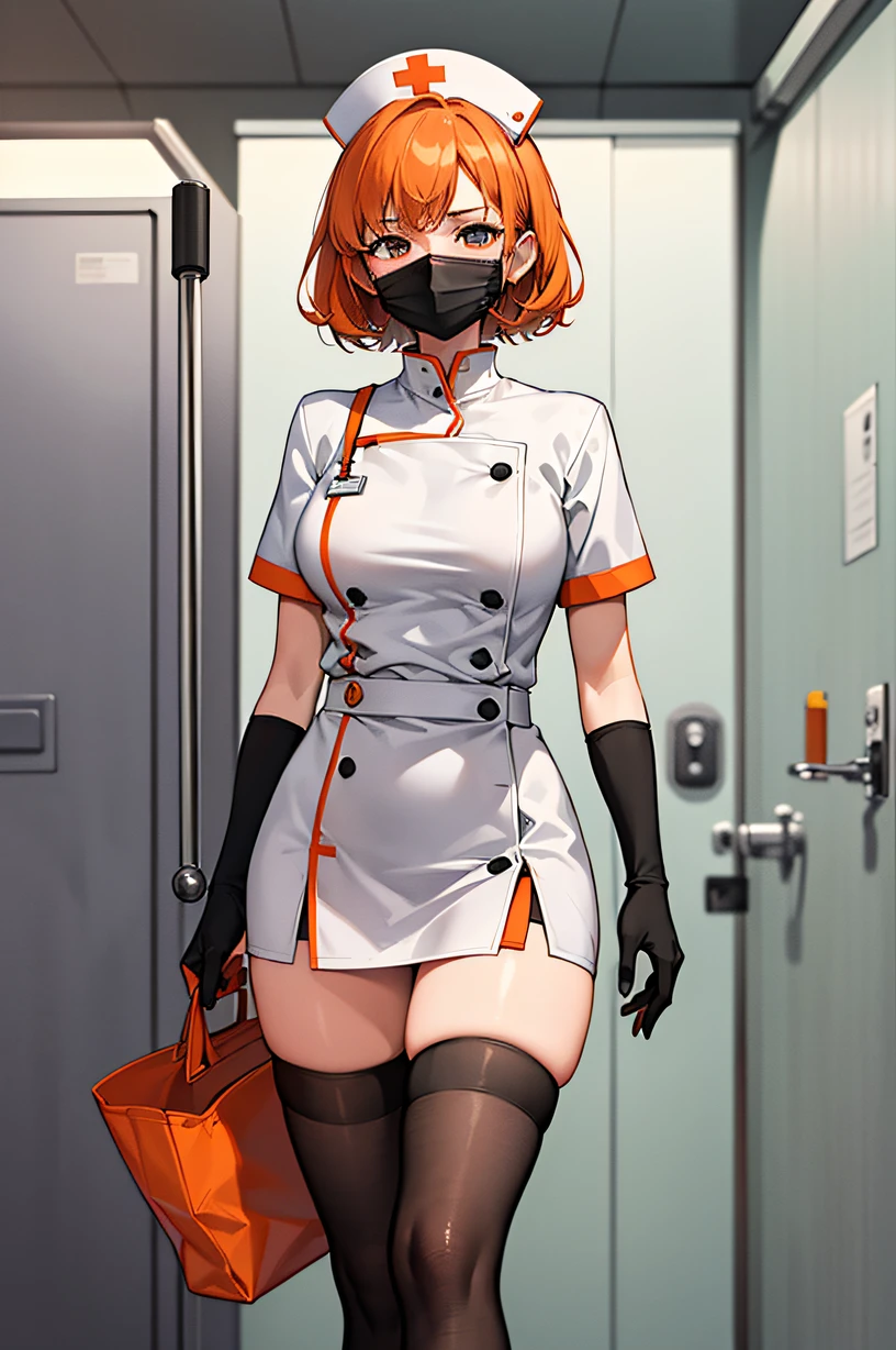 black nurse, 1girl, black nurse cap, black wear, ((black legwear, zettai ryouiki)), black elbow gloves, very short hair, orange hair, ((black surgical mask, covered nose)), standing, ((surgery room)), sharp outline, short sleeves, tomboy, boyish, best quality, masterpiece