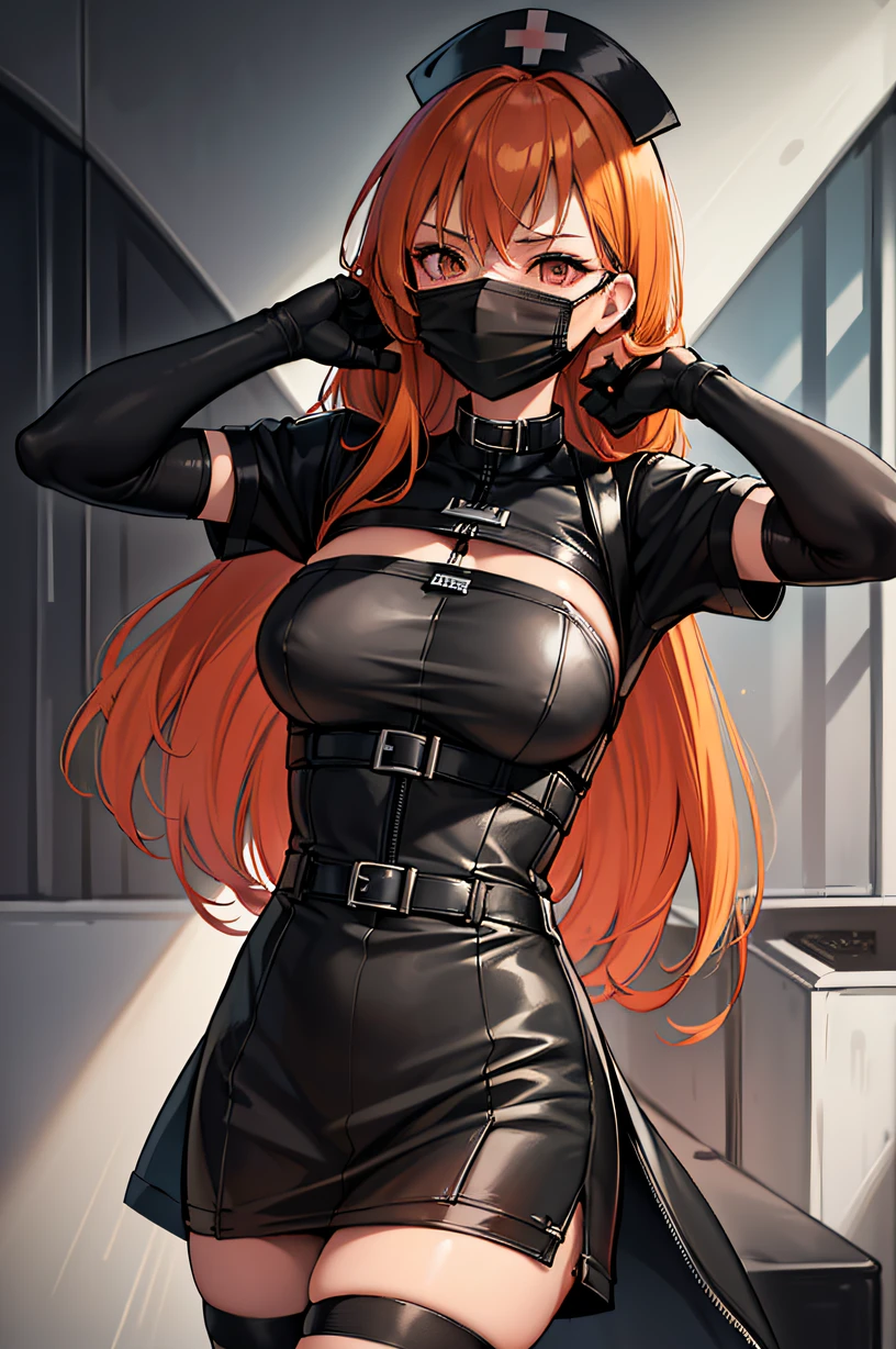 black nurse, 1girl, black nurse cap, black wear, ((black legwear, zettai ryouiki)), black elbow gloves, very short hair, orange hair, ((black surgical mask, covered nose)), standing, ((surgery room)), sharp outline, short sleeves, tomboy, boyish, best quality, masterpiece