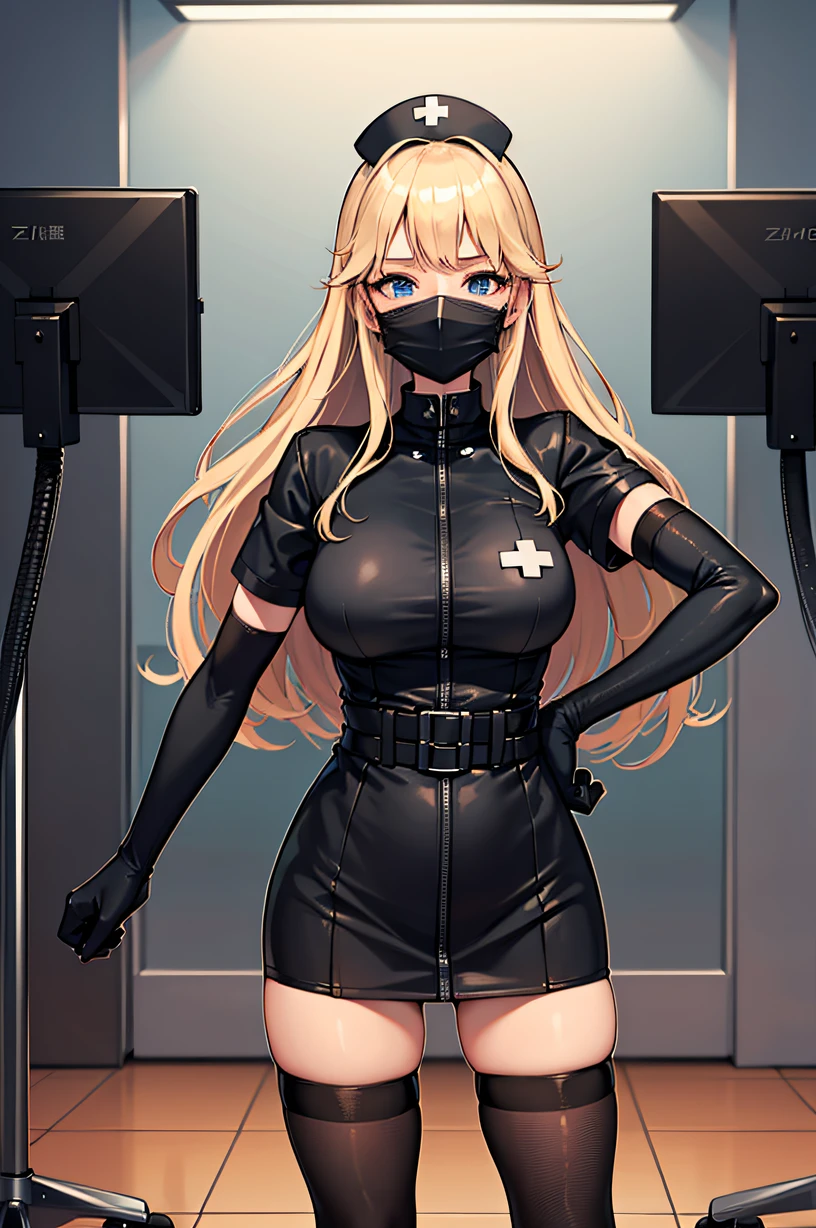 black nurse, 1girl, black nurse cap, black wear, ((black legwear, zettai ryouiki)), black elbow gloves, blonde hair, blue eyes, ((black surgical mask, covered nose)), standing, ((surgery room)), sharp outline, short sleeves, best quality, masterpiece