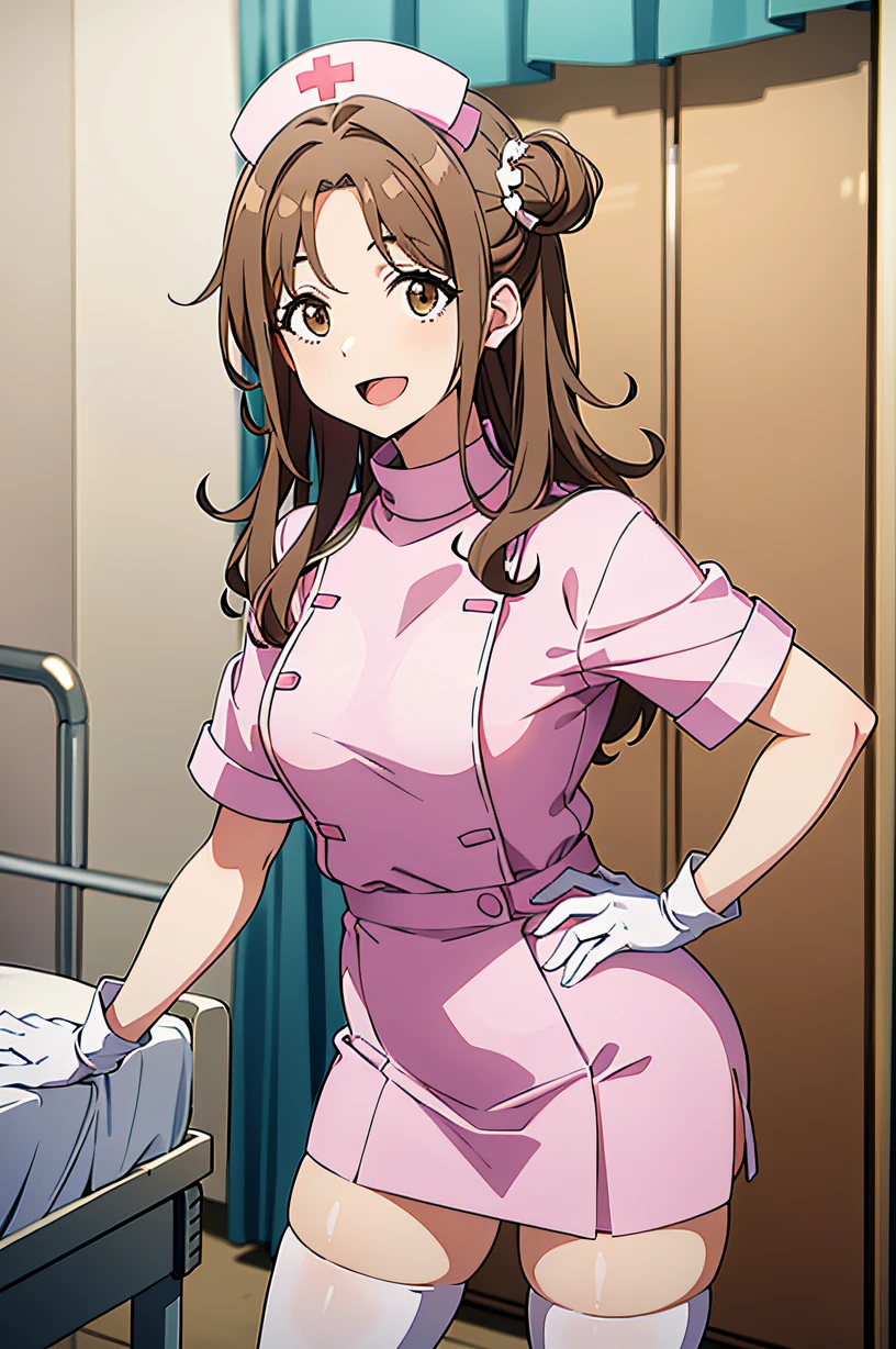 hmhinana, long hair, single side bun, brown hair, brown eyes, solo, nurse, ((white nurse cap, white nurse's outfit)), ((white legwear, zettai ryouiki)), white gloves, smile, open mouth, standing, hospital room, sharp outline, short sleeves, best quality, masterpiece