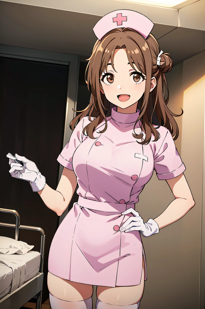 hmhinana, long hair, single side bun, brown hair, brown eyes, solo, nurse, ((white nurse cap, white nurse's outfit)), ((white legwear, zettai ryouiki)), white gloves, smile, open mouth, standing, hospital room, sharp outline, short sleeves, best quality, masterpiece