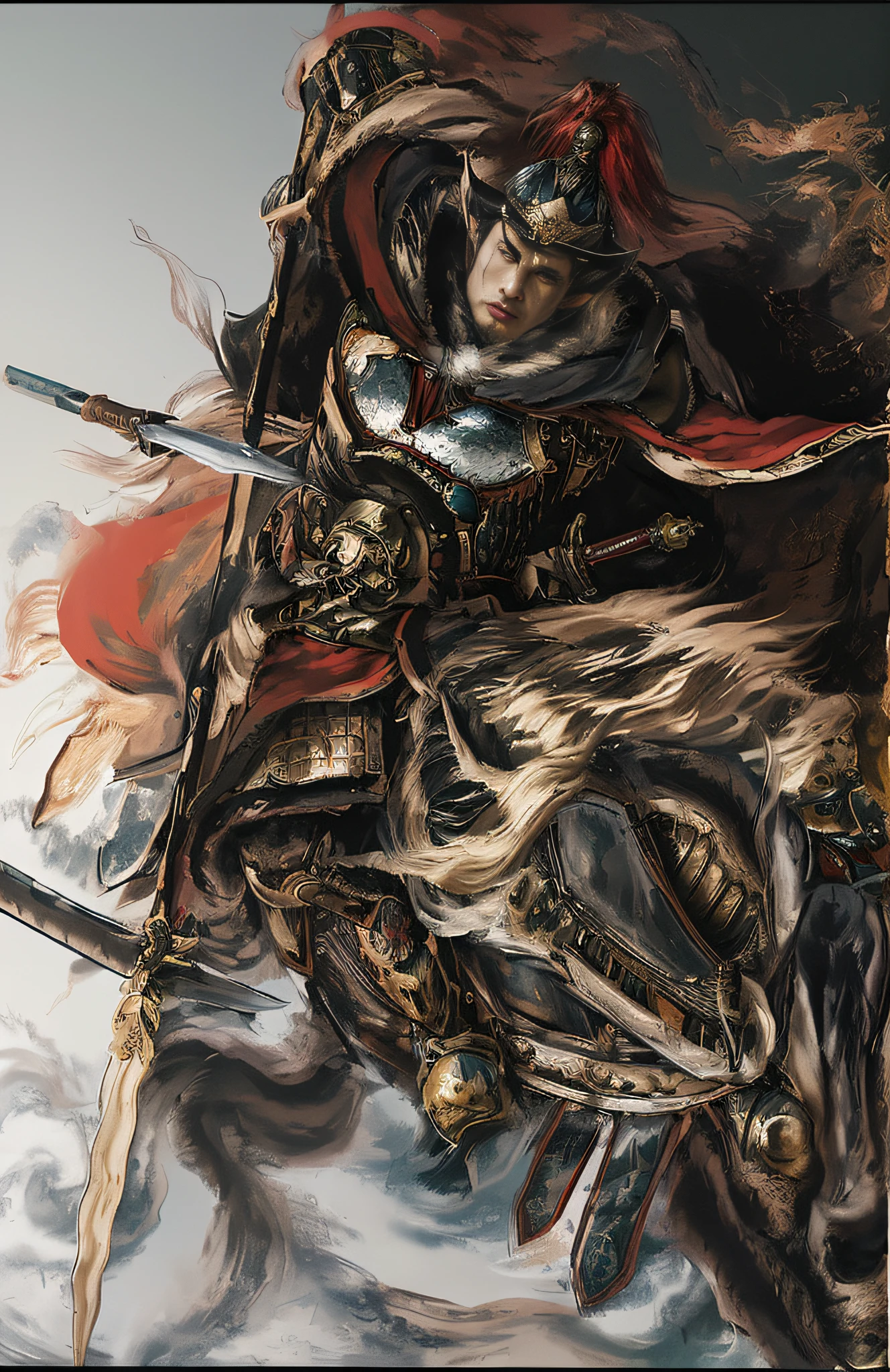 ((Unreal Engine 5)), realistische Darstellung, exzellent, (Vollständiger Satz Samurai-Rüstung), (Cuirassiers), (Mantel), Gemälde von Generälen der Song-Dynastie, Auf einem kriegerischen Pferd reiten，Speer in der Hand，Bekämpfe Feinde auf dem Schlachtfeld der kalten Waffen，Tapferer General，Das Gefühl kommt von Chen Danqing, Das Gefühl kommt von Shen Quan, Inspiriert von Hu Zaobin, inspiriert von Zhu Derun, inspired by Tawaraya Sōtatsu,  Ukiyo-Stil，inspiriert von Kawanabe Kyōsai, inspired by Kanō Hōgai, inspiriert von Kanō Sanraku, inspiriert von Ryūkōsai Jokei