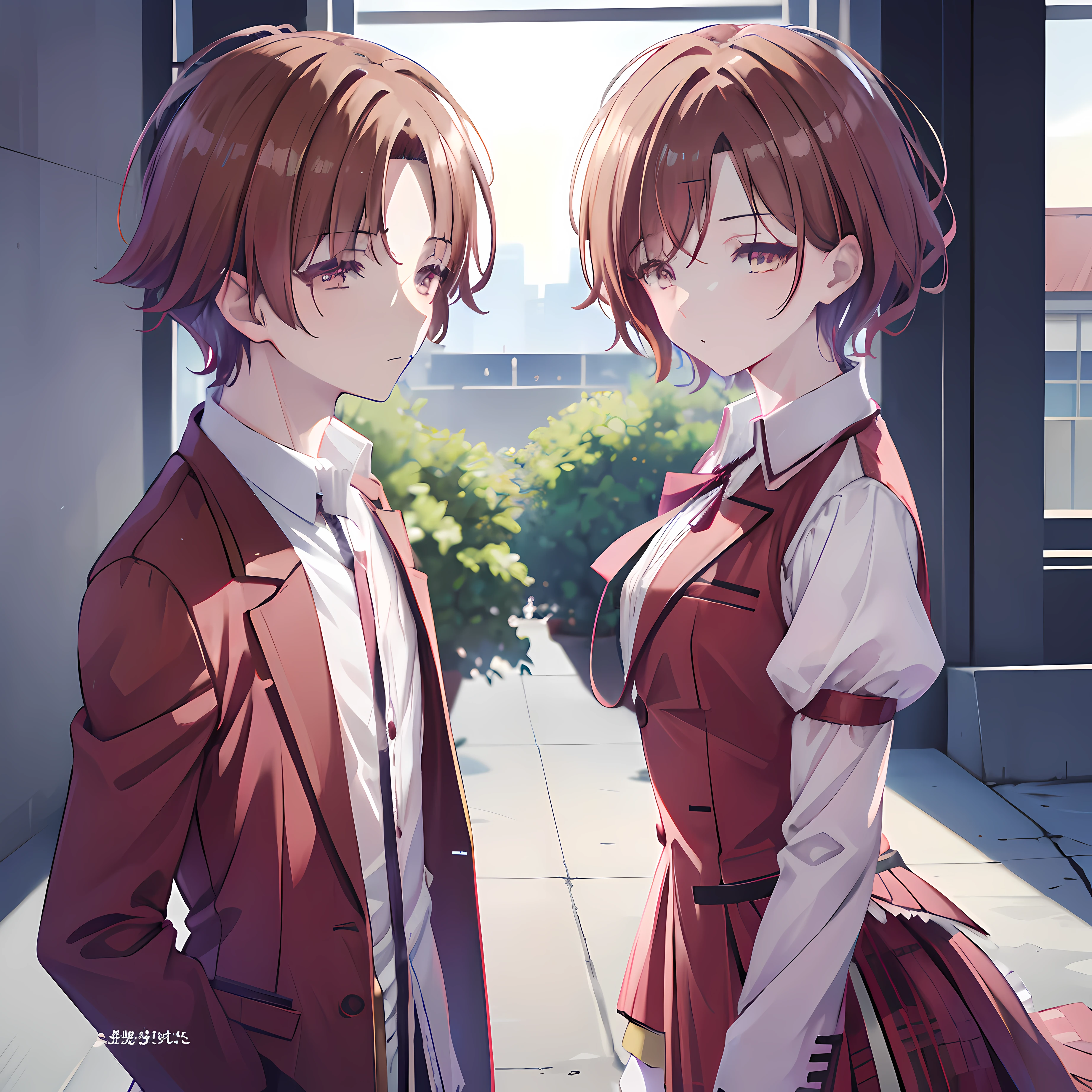 2people , girl(madoka higuchi) , boy(ayanokoji kiyotaka), highly detailed , full view , 8k , absurdres,high quality, anime, 2characters , standing next to each other , front view , looking at the viewer