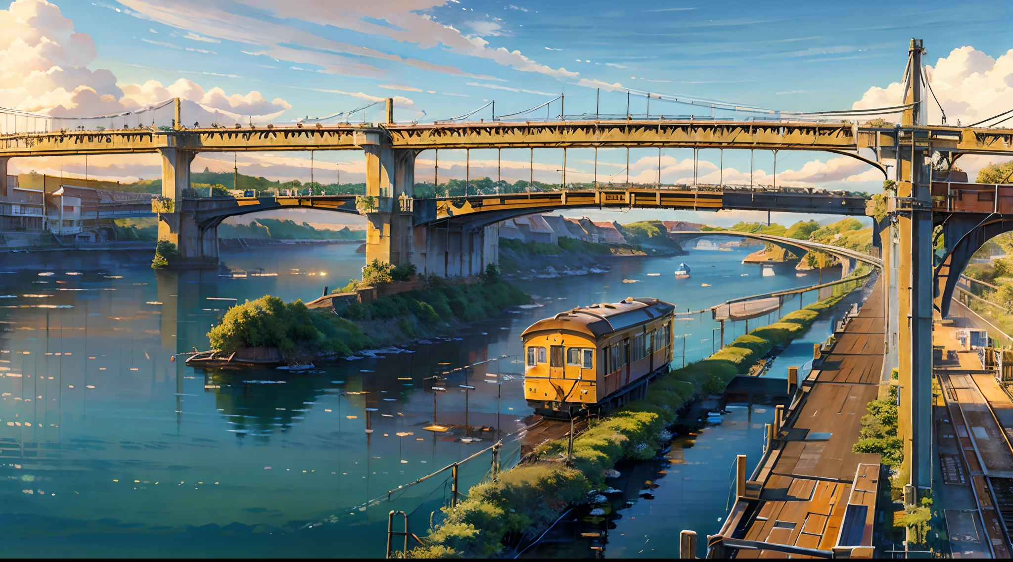 On the bridge view, train, sunset, realistic, oil painting, vibrant colors, golden light, detailed perspective, textured surfaces, picturesque scenery, moving train, shimmering water, glowing sky, distant cityscape, dynamic atmosphere, impressionistic brushstrokes, intricate details, high-res masterpiece:1.2