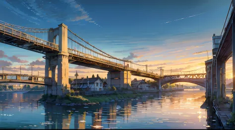 On the bridge view, train, sunset, realistic, oil painting, vibrant colors, golden light, detailed perspective, textured surfaces, picturesque scenery, moving train, shimmering water, glowing sky, distant cityscape, dynamic atmosphere, impressionistic brus...