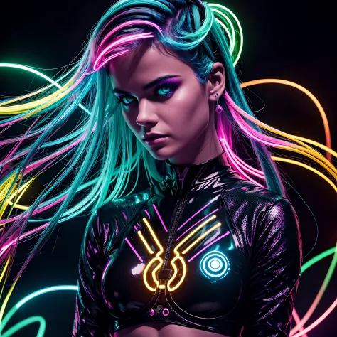 Crie uma obra de arte punk neon visualmente cativante exibindo uma cachoeira hipnotizante brilhando com cores bioluminescentes. ...