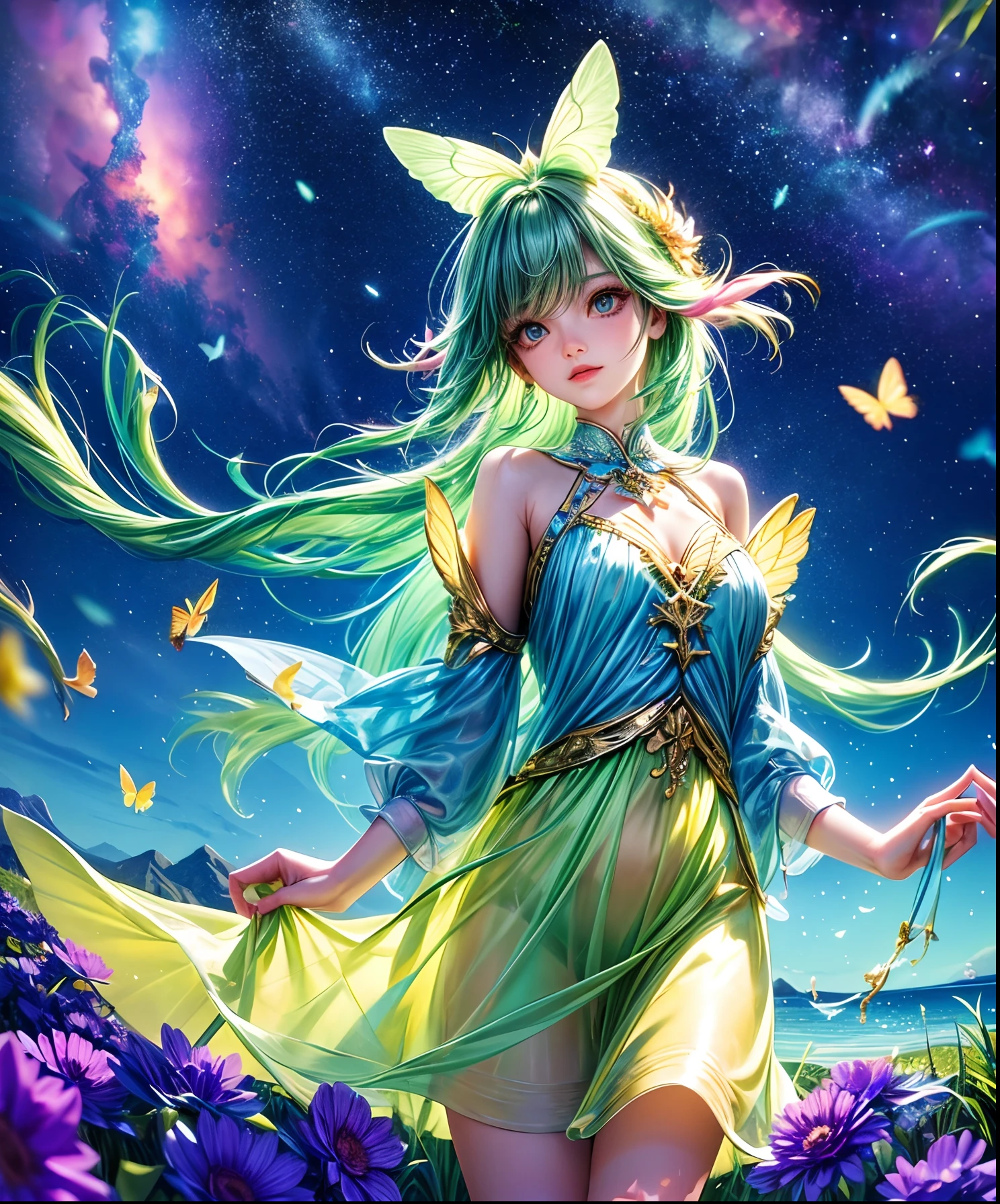 Cute girl character、Describes a scene with grassy butterflies lying on the water flying around, Looking up at the starry sky. Surround her with colorful nebulae and her favorite constellations.