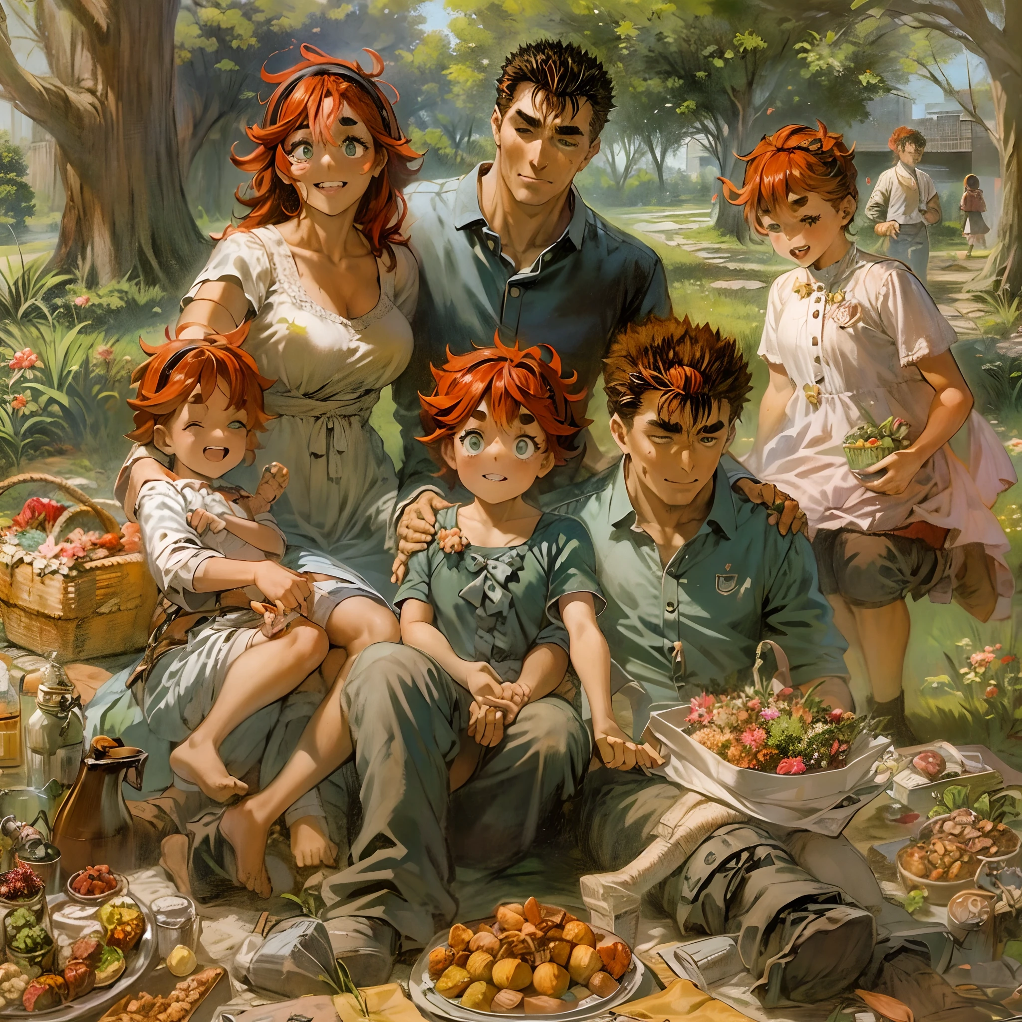 suletta, guts, couple, husband and wife, suletta motherly, wife, mother and son, children , family, happy, red hair suletta, black hair guts, picnic garden