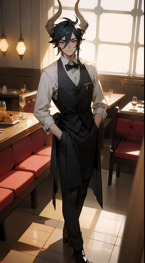 1man,20s,tall,medium body,mature male,solo,happy face,waiter outfit,black hair,blue eyes, horns,standing in a restaurant