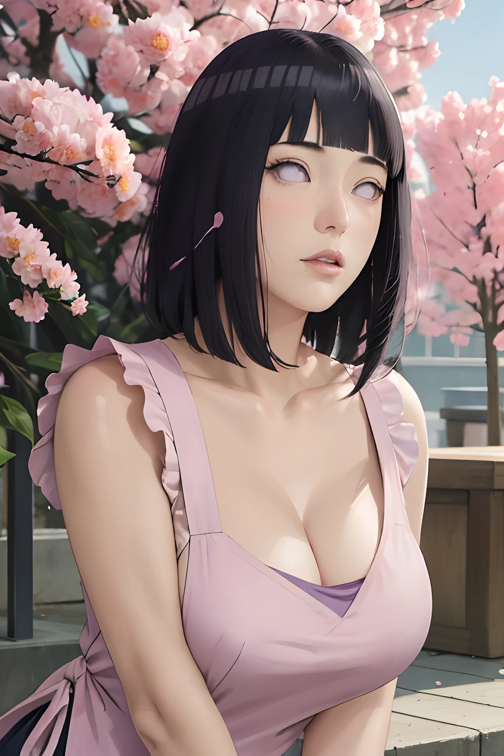 masterpiece, absurdres, hinata\(boruto\), 1girl, solo,mature female, apron , looking at viewer, (falling petals), perfect composition, detailed lips, big breast, beautiful face, body propotion, blush, (pink lips), long hair,  purple eyes,  soft gaze,  super realistic, detailed, photoshoot, realistic face and body,