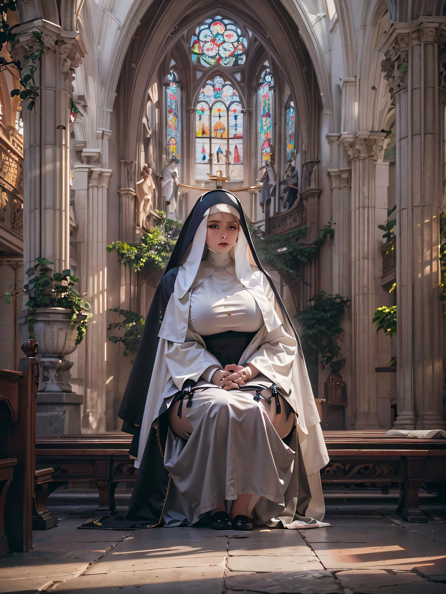 Stunning girl, best quality, ultra high res, (photorealistic:1.4), (faded ash white hair:1), (gigantic breasts, large breasts, huge breasts:1.4), (big pointy , perky :1.2), droopy breasts, thick thighs, wide hips, ((revealing nun cosplay)), black nun robe, veil covering hair , looking at viewer, close up, church, exposed breasts, ginger