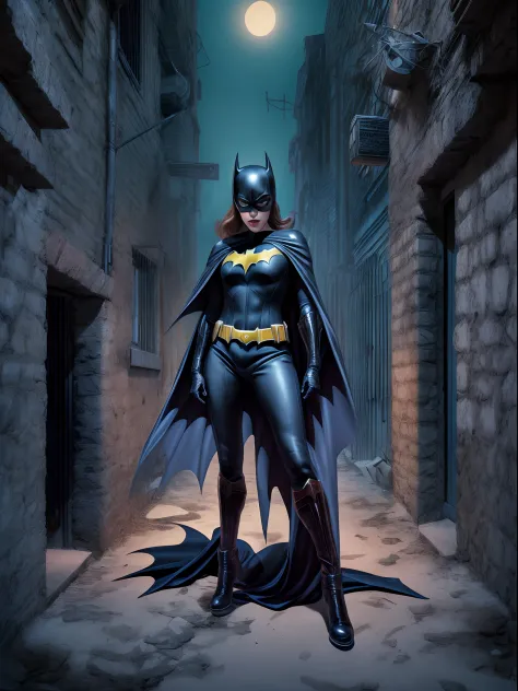 bat woman wearing a tight, glued uniform with a black cape in a dark, sinister alley under a dim light from a pole in a sensual ...