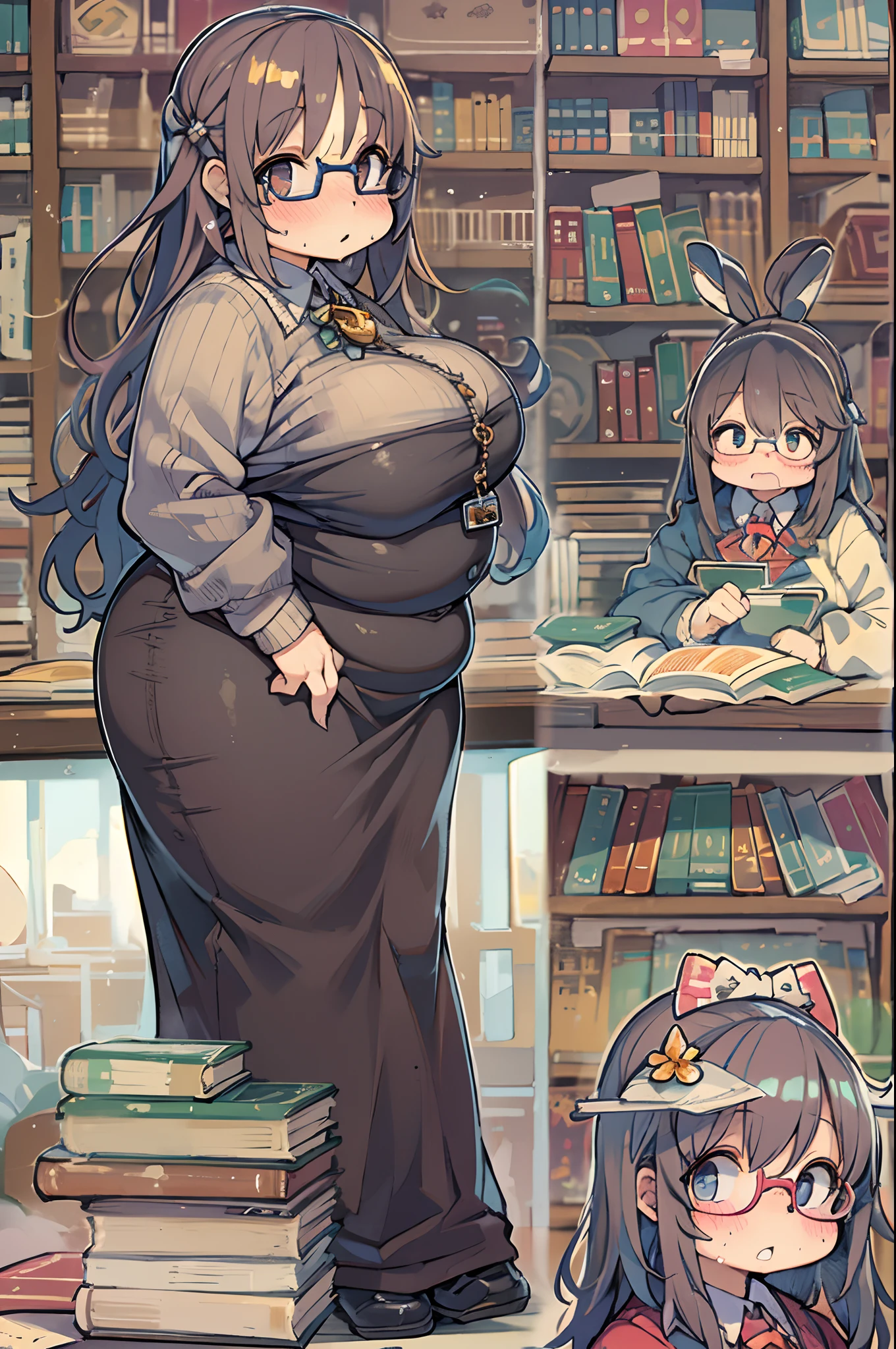 Anime girl in a library with a large belly and glasses - SeaArt AI