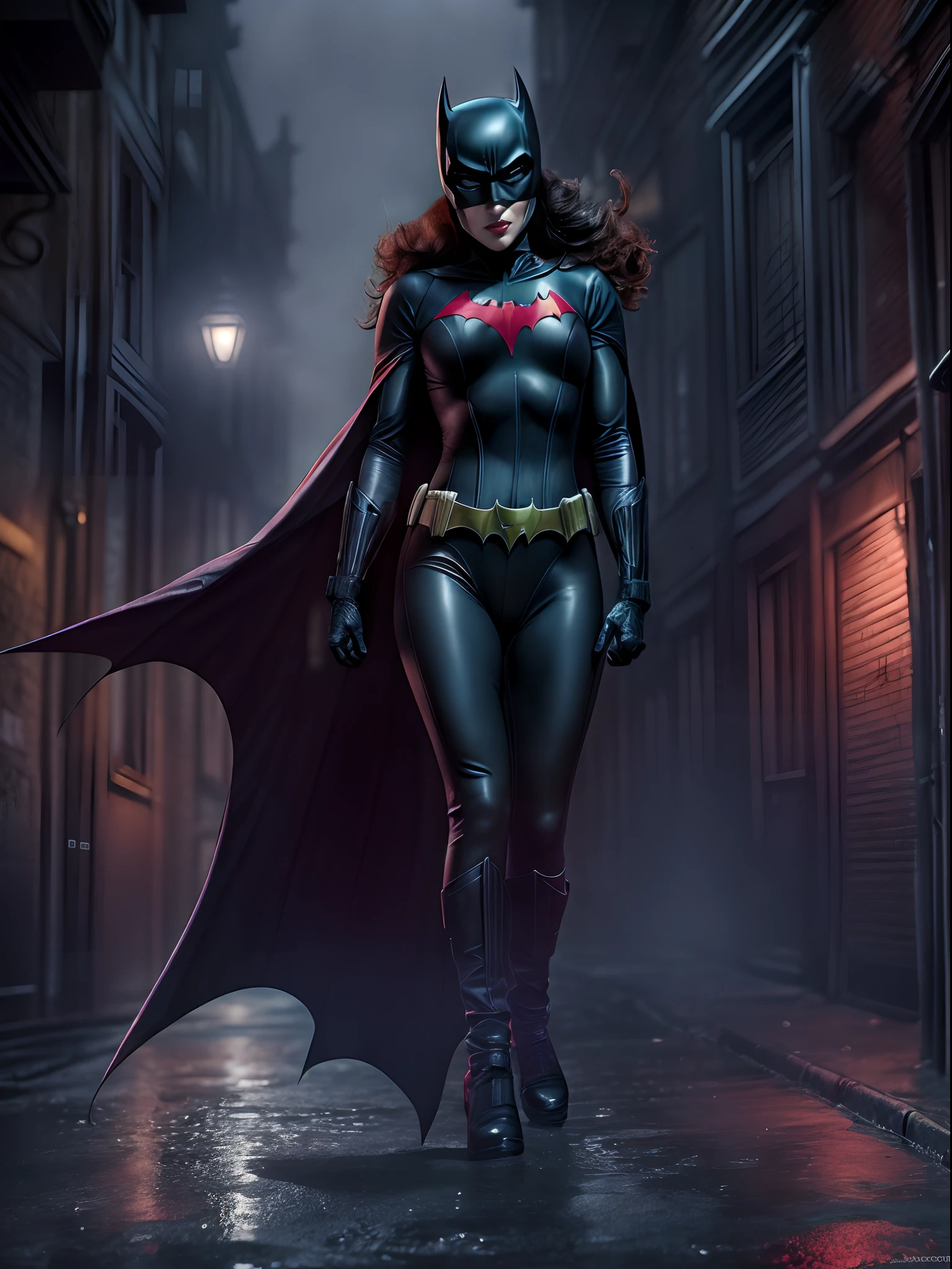 Dominatrix Batwoman wearing a skin-tight uniform with a black cape in a dark and sinister alley under a dim street light, (sensual pose with her hands on her waist), (rainy night with fog), Batgirl, bodysuit, toned body, wide hips, Allan Moore, DC Comics, gothic setting, Gottam City