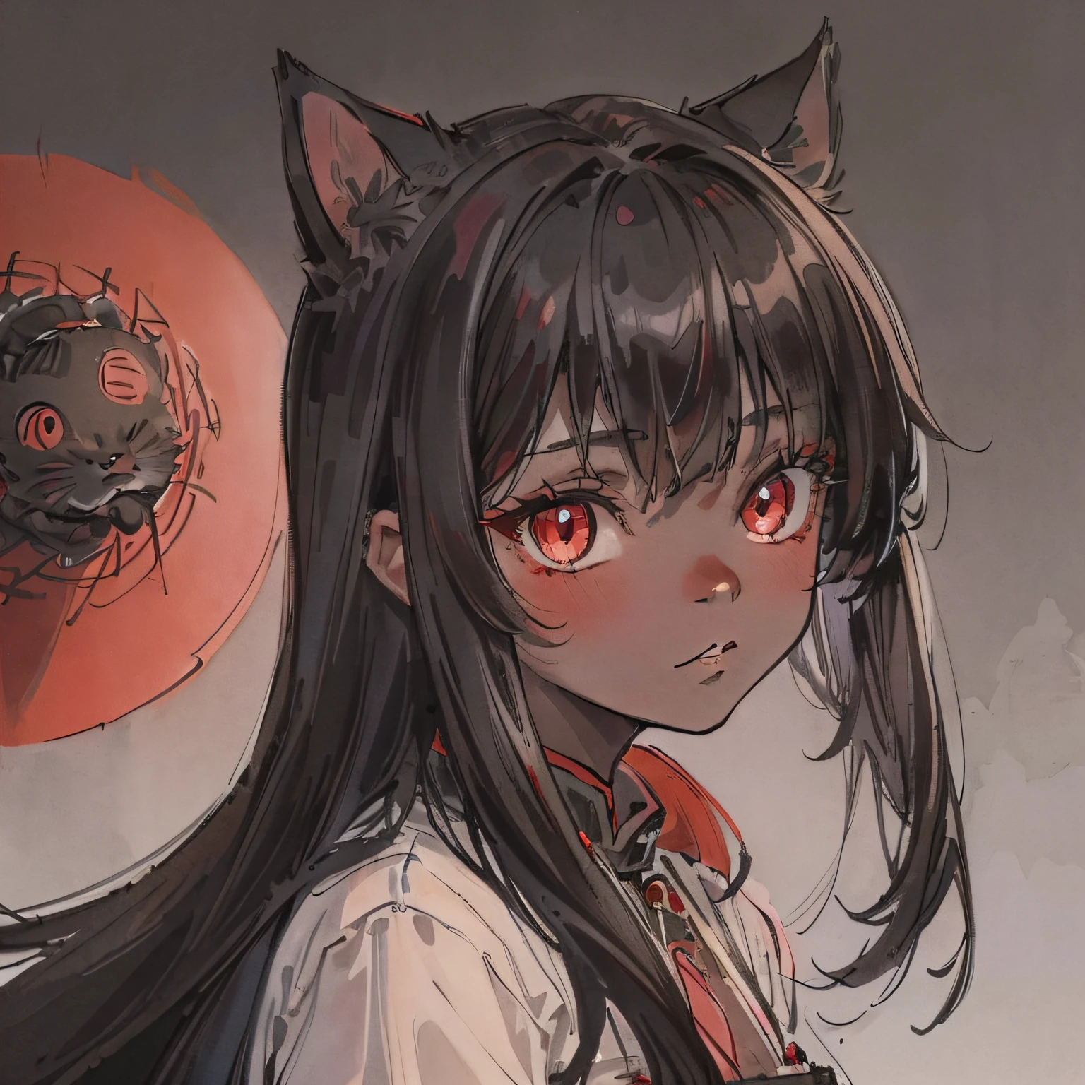 ((Best quality1.2))、((​masterpiece))、((doress))、((black-colored hair))、((Take a cute cat 1.5))、((red eyes)), ((Black skin tone)), Red eyes,