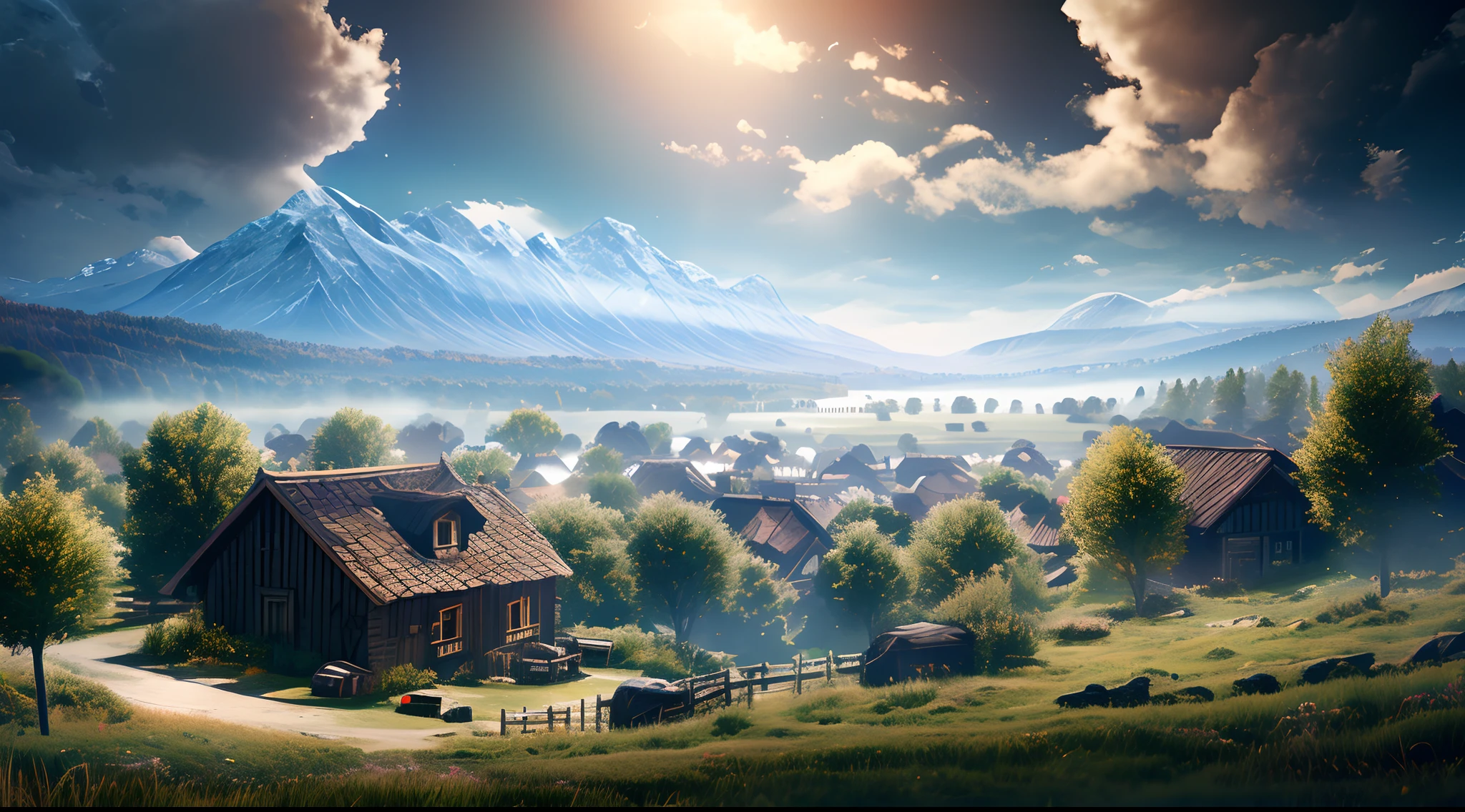 a small village in a field with cinematic lighting, Unreal Engine 5, cinematic style, color grading, editorial photography, photoshoot, captured using a 70mm lens, featuring depth of field (DOF), tilt blur, shutter speed of 1/1000, aperture at F/22, white balance adjustments, rendered in 32k resolution, super-resolution, ProPhoto RGB color space, masterpiece quality, ultra-realistic, photographic, 8k, top-tier quality, and a dramatic atmosphere.