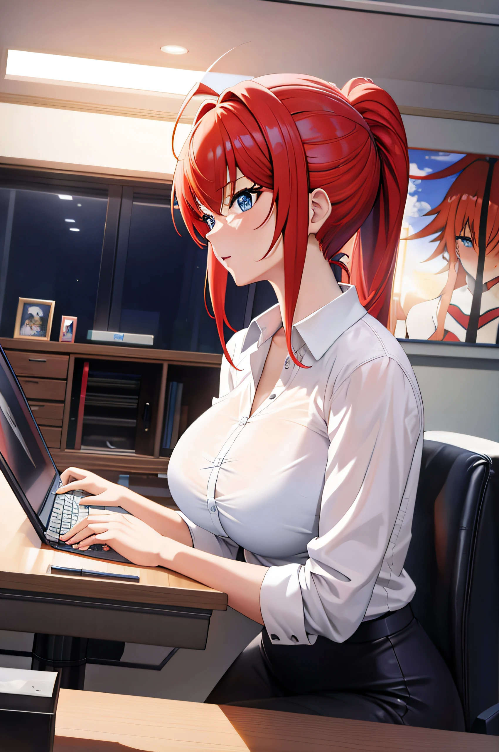 (masterpiece, best quality, detailed),1girl,rias gremory,red hair, ahoge, blue eyes, large breasts, sitting at a desk with a laptop, seductive anime girl, smooth anime cg art, attractive anime girl, (sfw) safe for work, clean detailed anime art,high resolution, (perfect hands, perfect anatomy),
