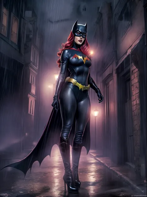 dominatrix batwoman wearing a skin-tight uniform with a black cape in a dark and sinister alley under a dim street light, (sensu...