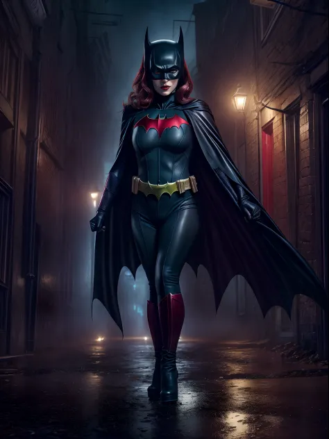 dominatrix batwoman wearing a skin-tight uniform with a black cape in a dark and sinister narrow alley under a dim street light,...