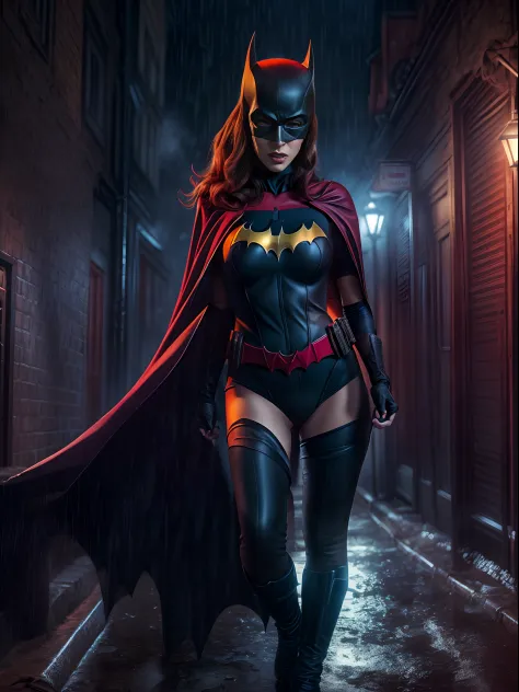 dominatrix batwoman wearing a skin-tight uniform with a black cape in a dark and sinister narrow alley under a dim street light,...