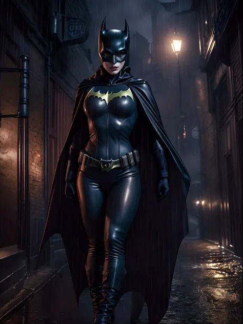 dominatrix batwoman wearing a skin-tight uniform with a black cape in a dark and sinister narrow alley under a dim street light,...