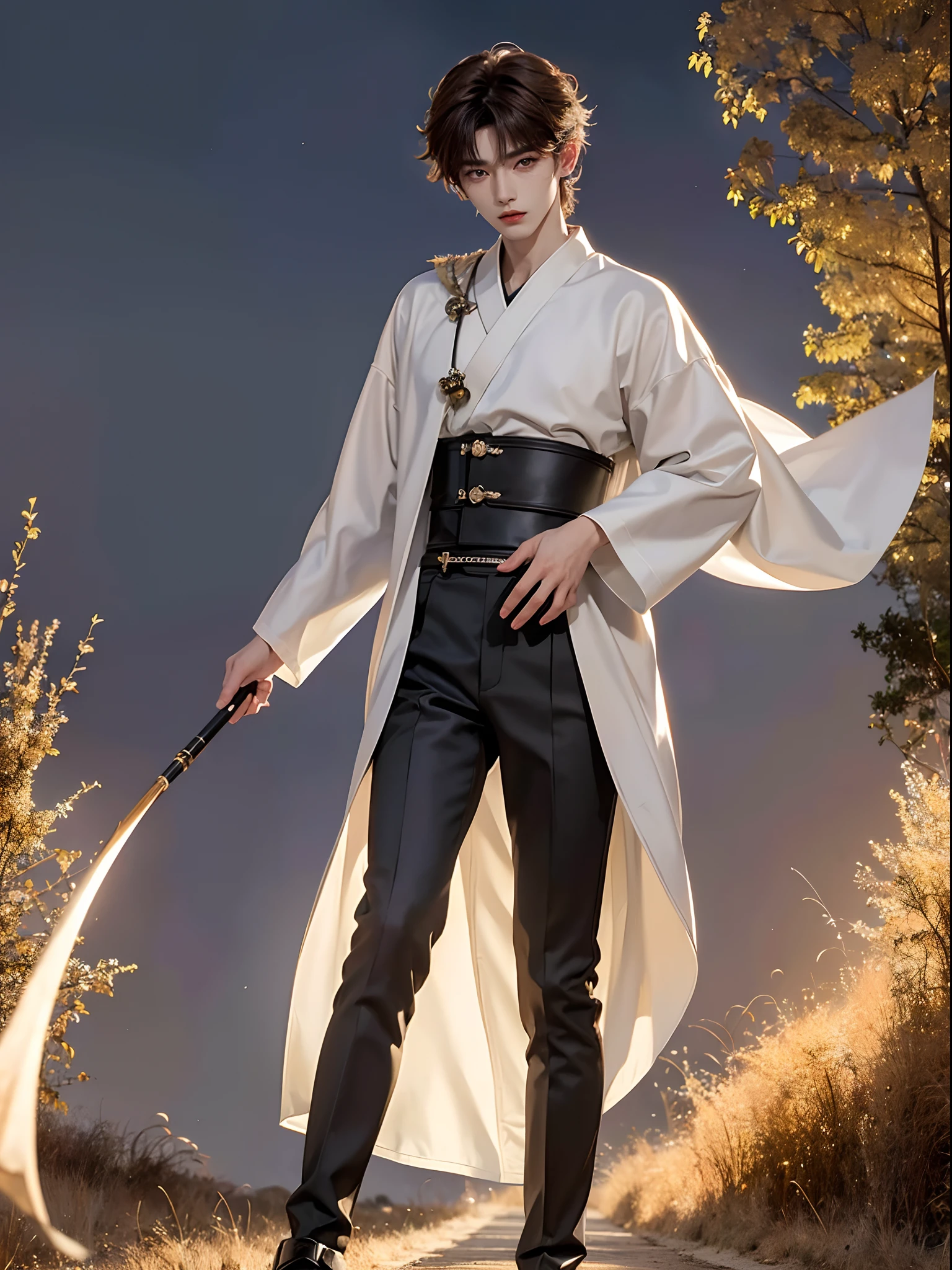 ((4K works))、​masterpiece、（top-quality)、((high-level image quality))、One Manly Boy、Slim body、((Fashionable men's personal wear))、(Detailed beautiful eyes)、During a walk on the road at night、Face similar to Chaewon in Ruseraphim、((short hair above the ears))、((Smaller face))、((Neutral face))、((Light brown eyes))、((Korean boy))、((18year old))、((Handsome man))、((Wild look))、((Korean Makeup))、((elongated and sharp eyes))、((Walk in front of the viewer))