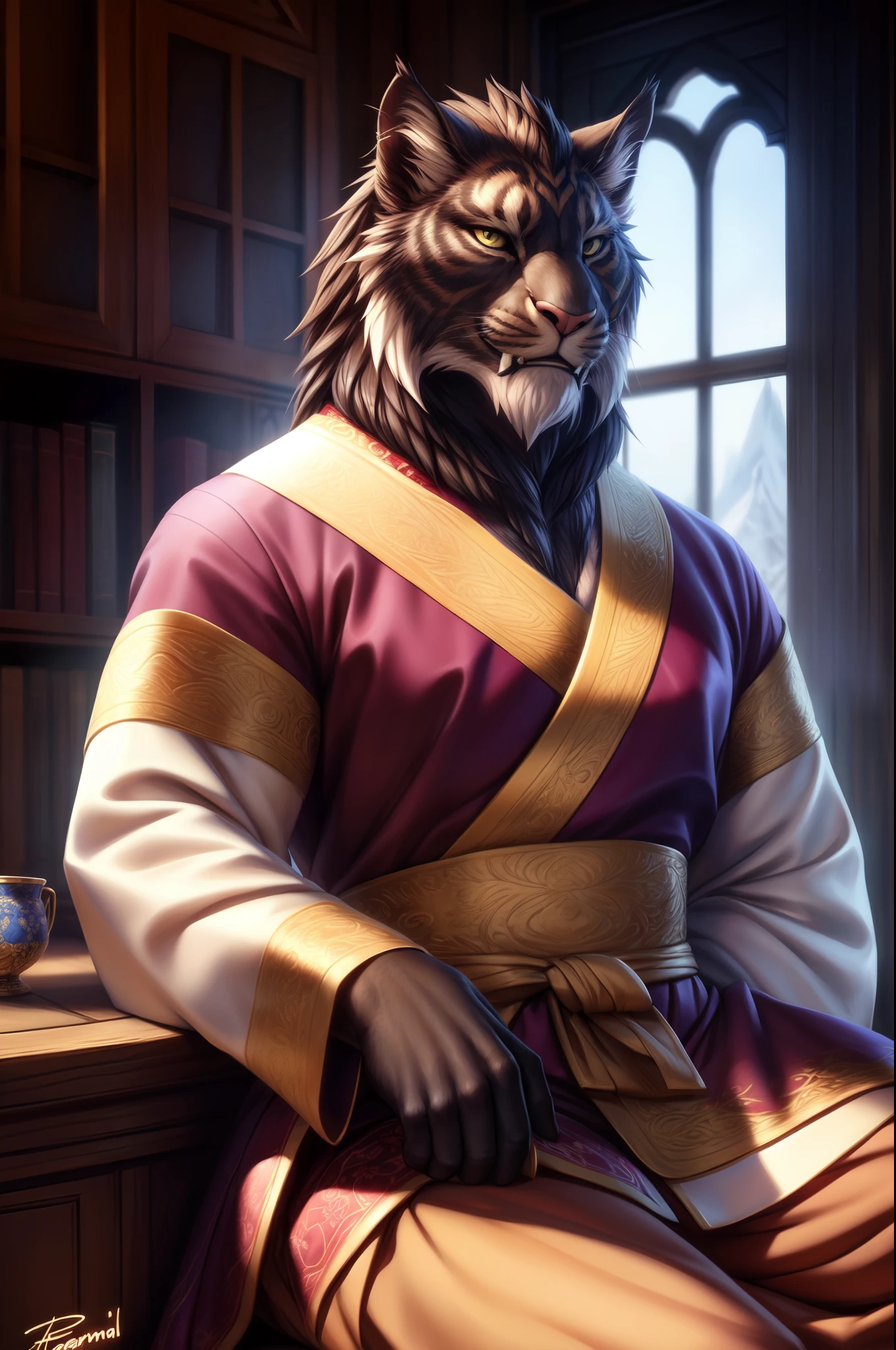 hrothgar, felid, detailed face, fangs, dark fur, stripes, wearing hanbok, smile, sitting in a old room,  by nesskain, by personalami, by tojo the thief, photorealistic, elegant, realistic, masterpiece, 4k, sharp focus, realistic, detailed background