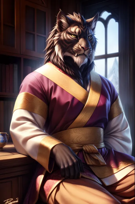 hrothgar, felid, detailed face, fangs, dark fur, stripes, wearing hanbok, smile, sitting in a old room,  by nesskain, by persona...