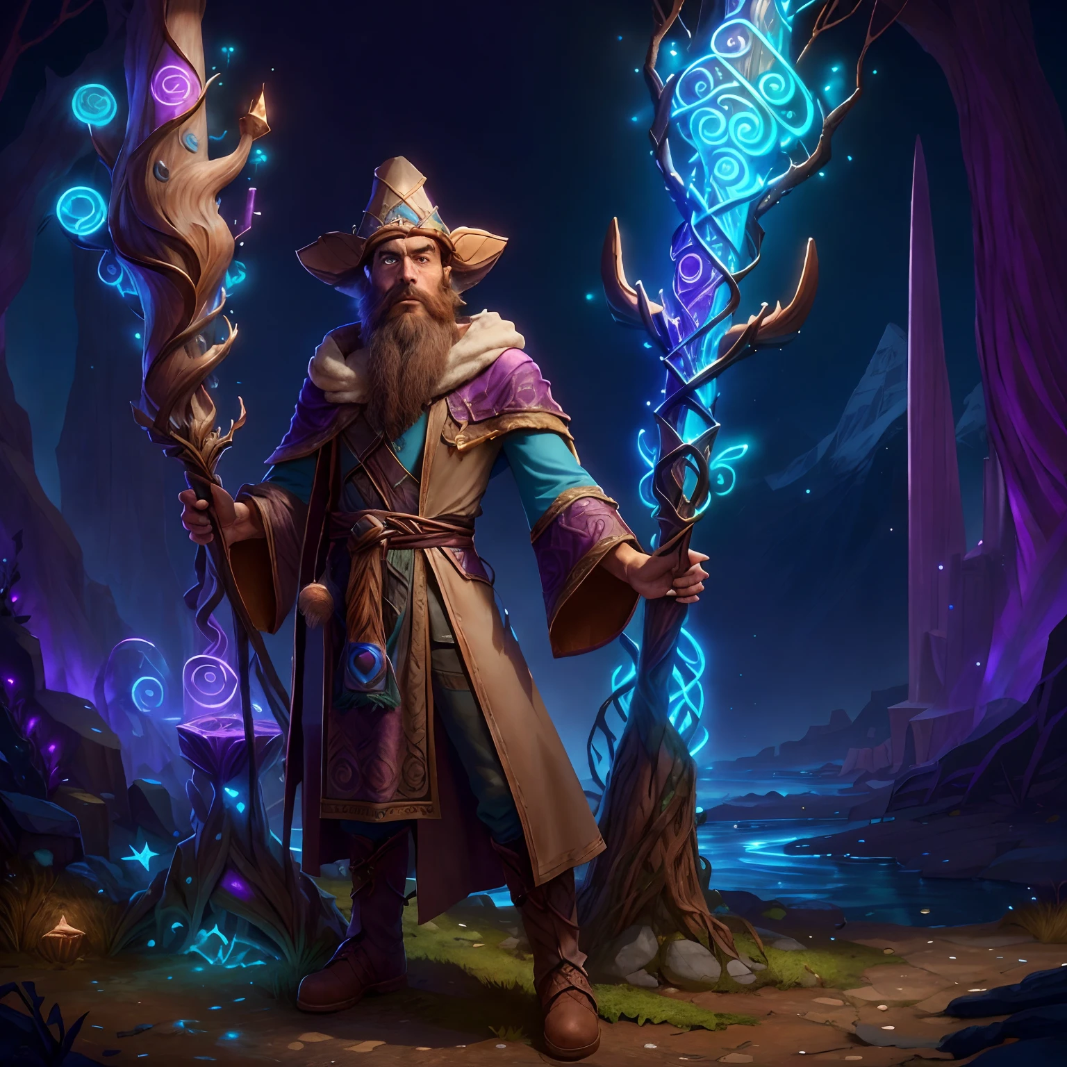 Model No.: Lyriel ,DruidMagicAI ,Bronzepunk REDONE , man with beard  (( solo )) dressed in a beige wizard costume , It stands in full growth against the backdrop of mountainous terrain , His boots are visible , A magic staff is visible in his hand , Front light.