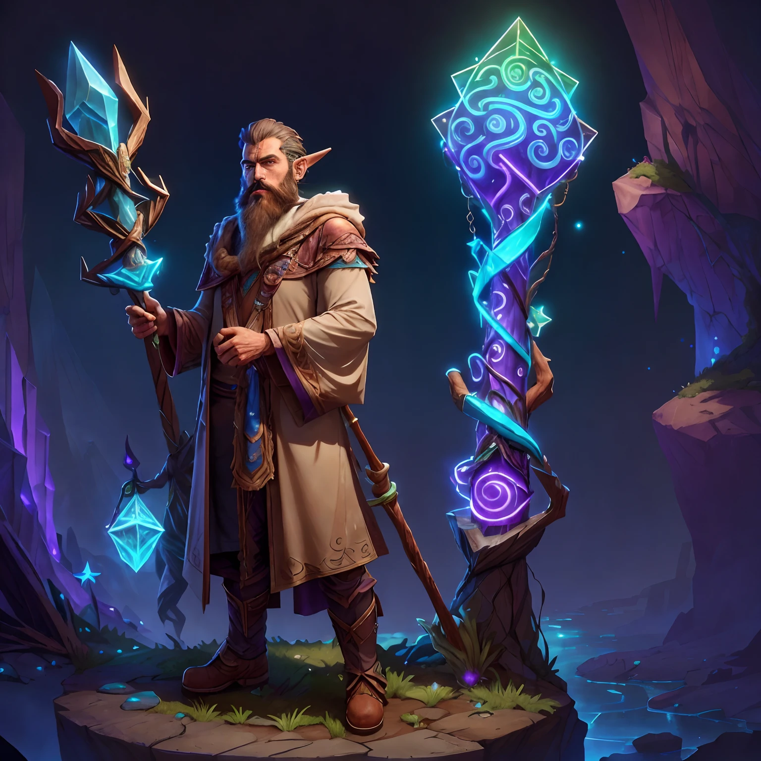 Model No.: Lyriel ,DruidMagicAI ,Bronzepunk REDONE , man with beard  (( solo )) dressed in a beige wizard costume , It stands in full growth against the backdrop of mountainous terrain , His boots are visible , A magic staff is visible in his hand , Front light.