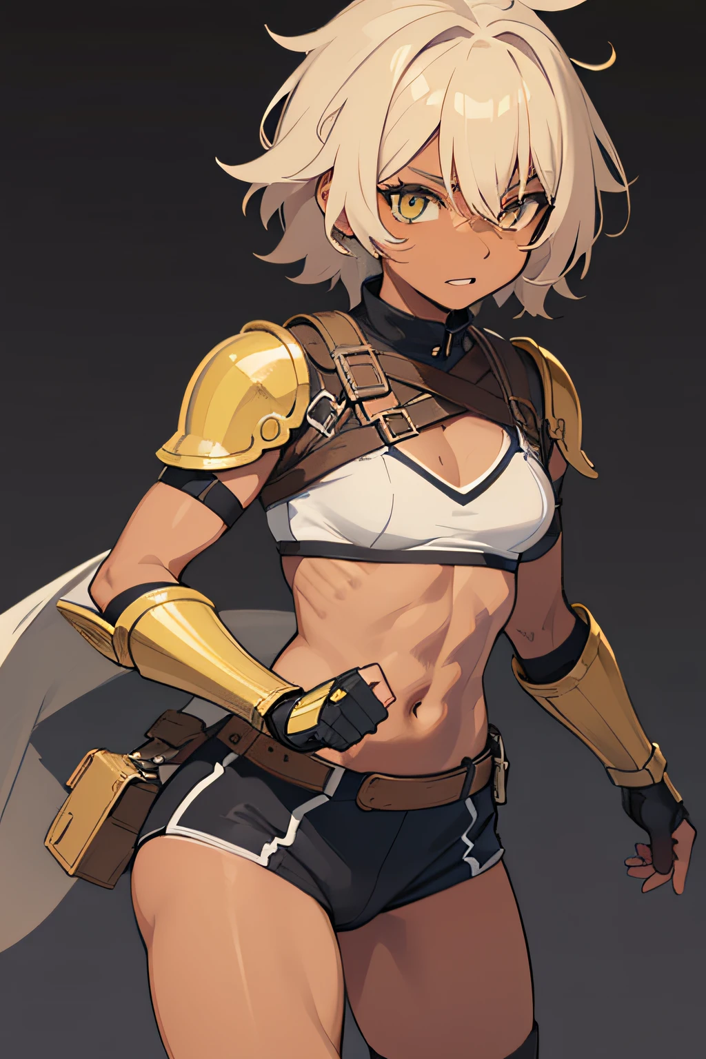 female, 1 young, body with muscles, style: Tomboy, small breasts, short stature, (Eye color: hazel), (skin color: dark tan), Hair color: dirty blonde, Hair style: Short wavy hair kind of messy, base color: yellow. bra size from B71, Light armor, with gauntlets, Protection in specific areas,