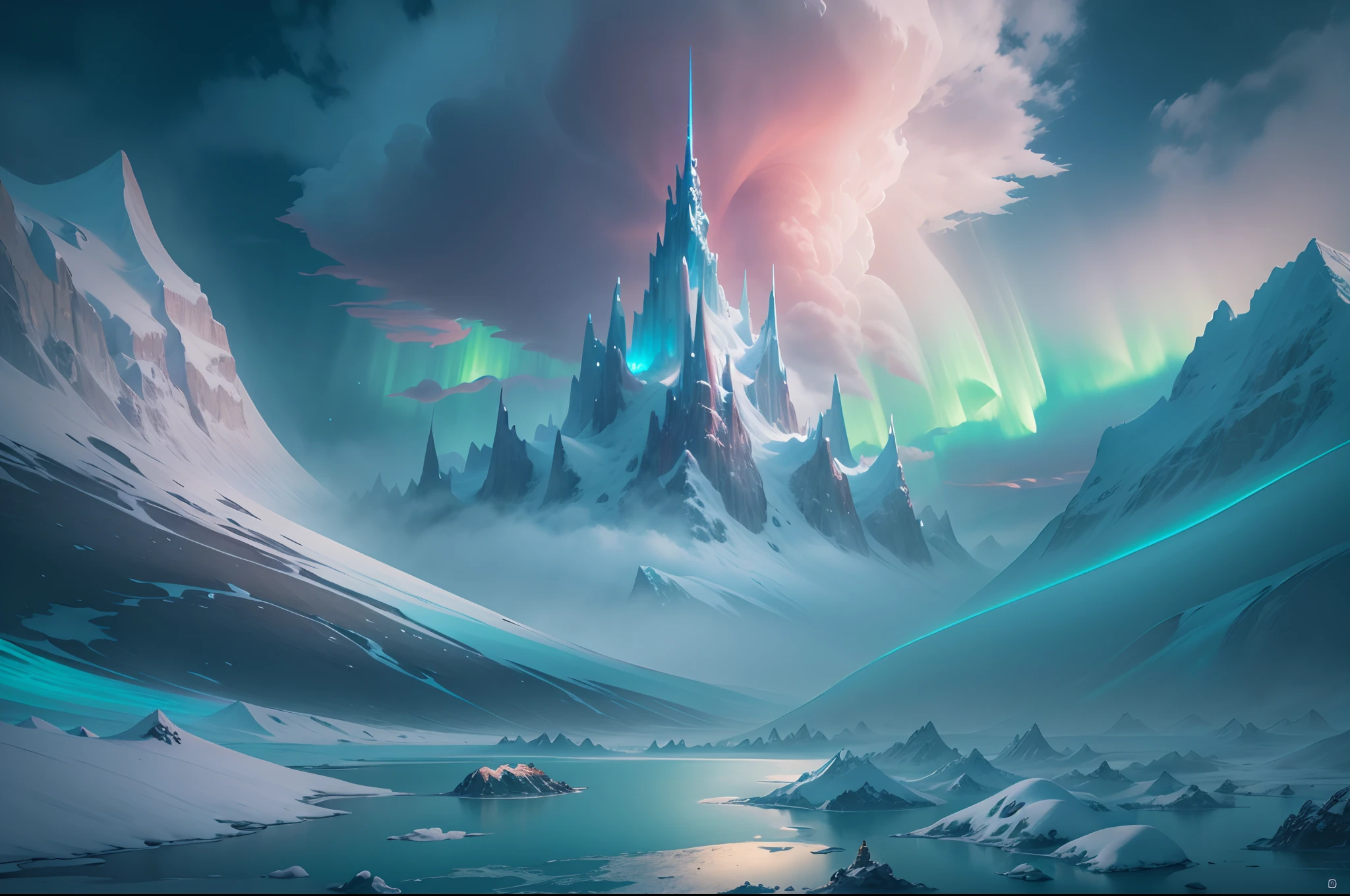(Extremely detailed Cg Unity 8K wallpaper),Snowy mountain landscape with fog，Antarctic Aurora， Towering snow-capped mountains，Transparent ethereal ice sculpture palace，Frozen lake, Vast and breathtaking scenery.Immerse yourself in the beautiful aurora，photography of：Brandon Woelfelmist，Surreal dreams，Gray atmosphere，raining day，dyna，lut，hdr，Surrealist art fantasy style，Epic digital fantasy art style，Beautiful dream art