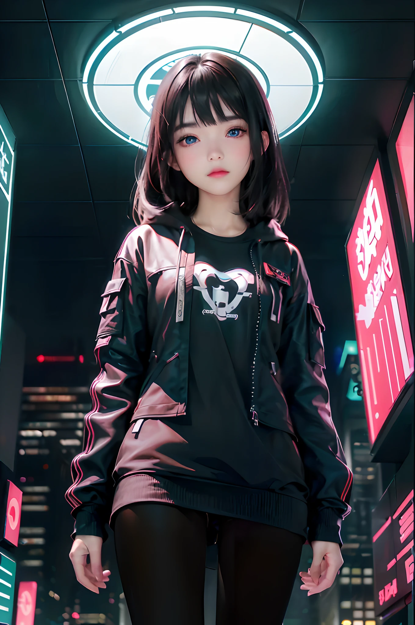 ((top-quality)), (((​masterpiece)), (detaileds: 1.4), 3D, Beautiful Cyberpunk Woman Image, bob cuts, Broken black tights, leather clothes, Electromechanical, nffsw(HighDynamicRange), Ray traching, NVIDIA RTX, Hyper-Resolution, Unreal 5, Sub-surface scattering, PBR Texture, Postprocess, Anisotropy Filtering, depth of fields, Maximum sharpness and acutance, Multilayer Texture, Albedo and Highlight Maps, Surface Coloring, Accurate simulation of light-material interactions, perfectly proportions、octane renderings、two tone lighting、Large aperture、Low ISO、White Balance、thirds rule、8K Raw、​masterpiece、top-quality、(8k extremely detailed CG unit wallpaper)(top-quality)、(The best illustrations)、(Best Shadows), innocent blue eyes, long hair, big titt