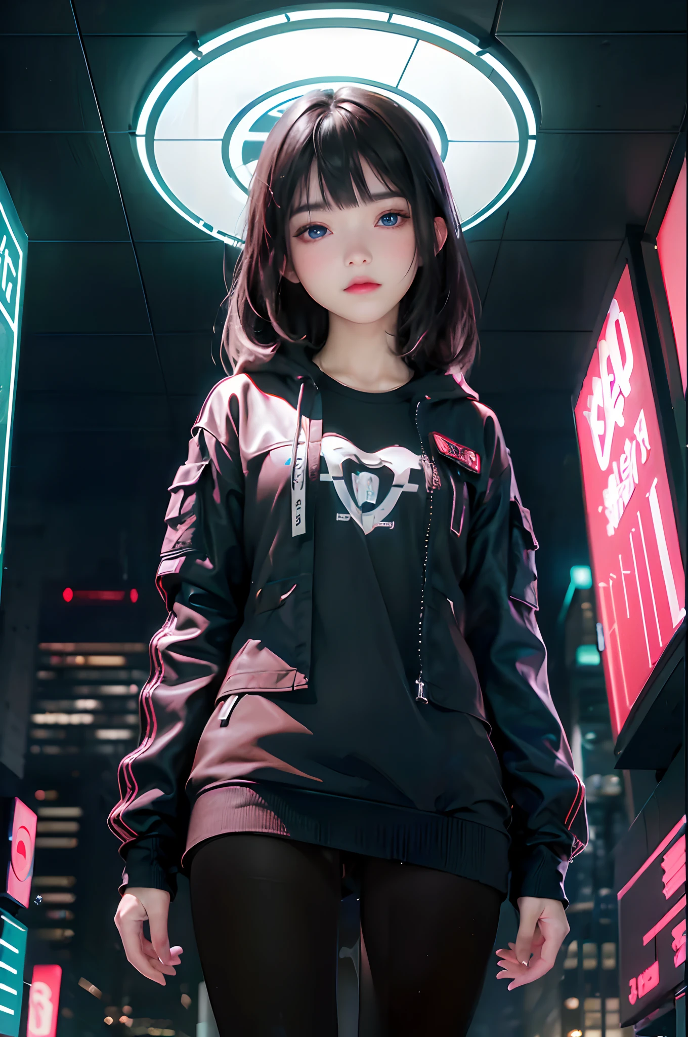 ((top-quality)), (((​masterpiece)), (detaileds: 1.4), 3D, Beautiful Cyberpunk Woman Image, bob cuts, Broken black tights, leather clothes, Electromechanical, nffsw(HighDynamicRange), Ray traching, NVIDIA RTX, Hyper-Resolution, Unreal 5, Sub-surface scattering, PBR Texture, Postprocess, Anisotropy Filtering, depth of fields, Maximum sharpness and acutance, Multilayer Texture, Albedo and Highlight Maps, Surface Coloring, Accurate simulation of light-material interactions, perfectly proportions、octane renderings、two tone lighting、Large aperture、Low ISO、White Balance、thirds rule、8K Raw、​masterpiece、top-quality、(8k extremely detailed CG unit wallpaper)(top-quality)、(The best illustrations)、(Best Shadows), innocent blue eyes, long hair, big titt