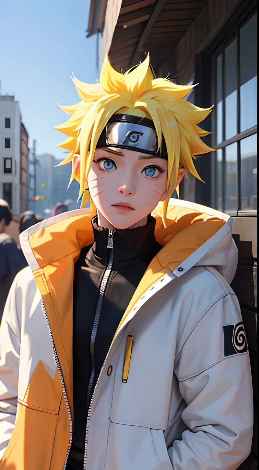 chef-d&#39;œuvre, Style superbe, vêtements hypebeast, Extérieur, Haut du corps, Uzumaki Naruto, yeux bleus, cheveux jaunes courts,un garçon